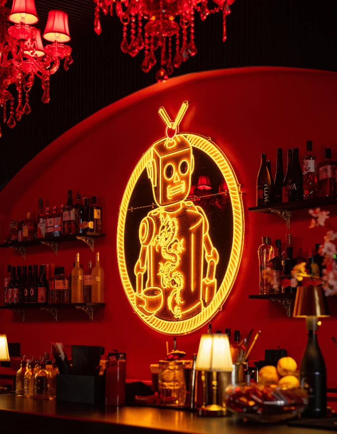 A stylish bar with a variety of drinks and a modern ambiance.