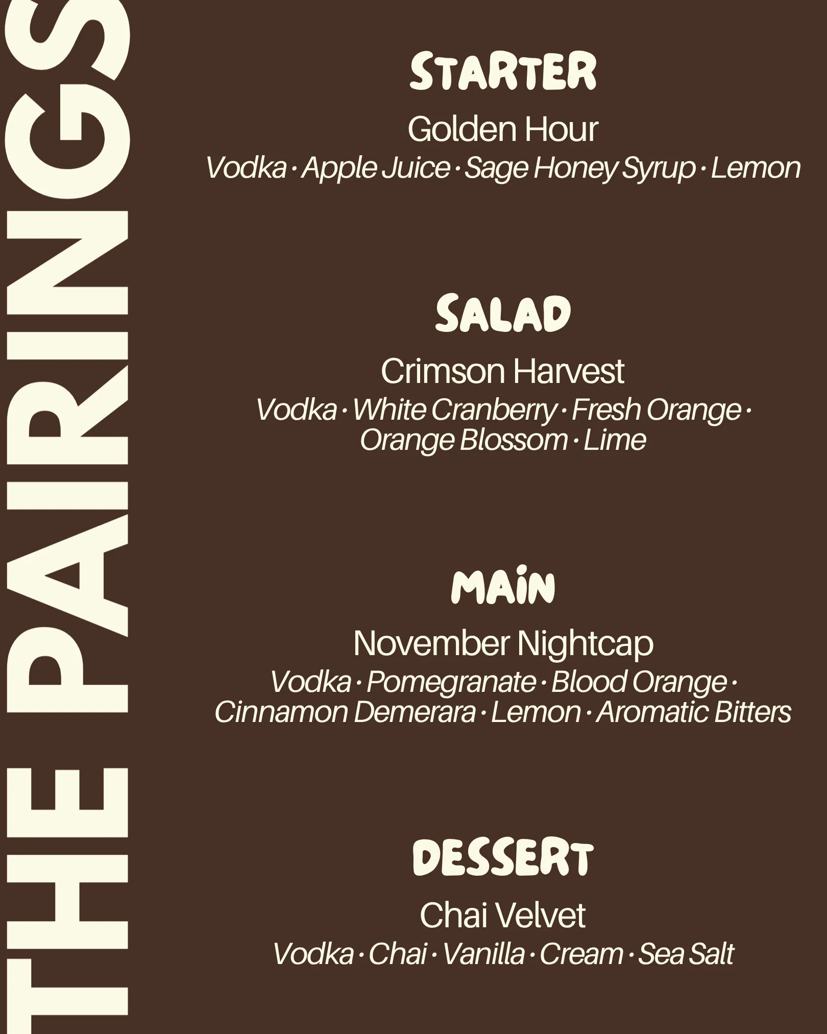 Elegant menu featuring global dishes and wine pairings