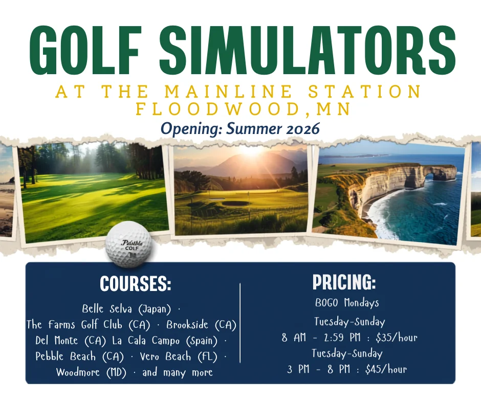 Golf simulators at Mainline Station in Floodwood, MN, opening Summer 2026