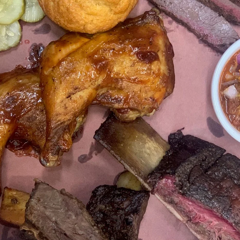 Texas-style barbecue platter with brisket and ribs