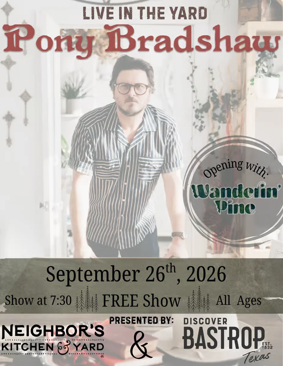 Live music event poster featuring Pony Bradshaw at Neighbor's Kitchen & Yard