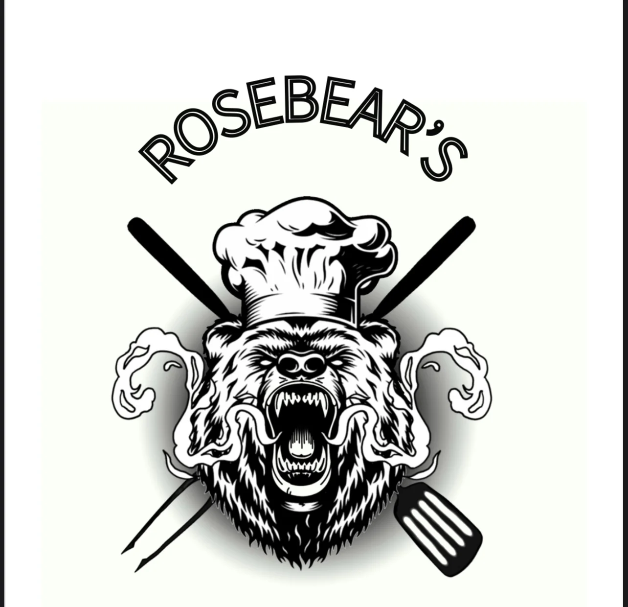 A stylized logo featuring a fierce bear wearing a chef's hat, crossed utensils, and smoke graphics, representing a BBQ establishment.