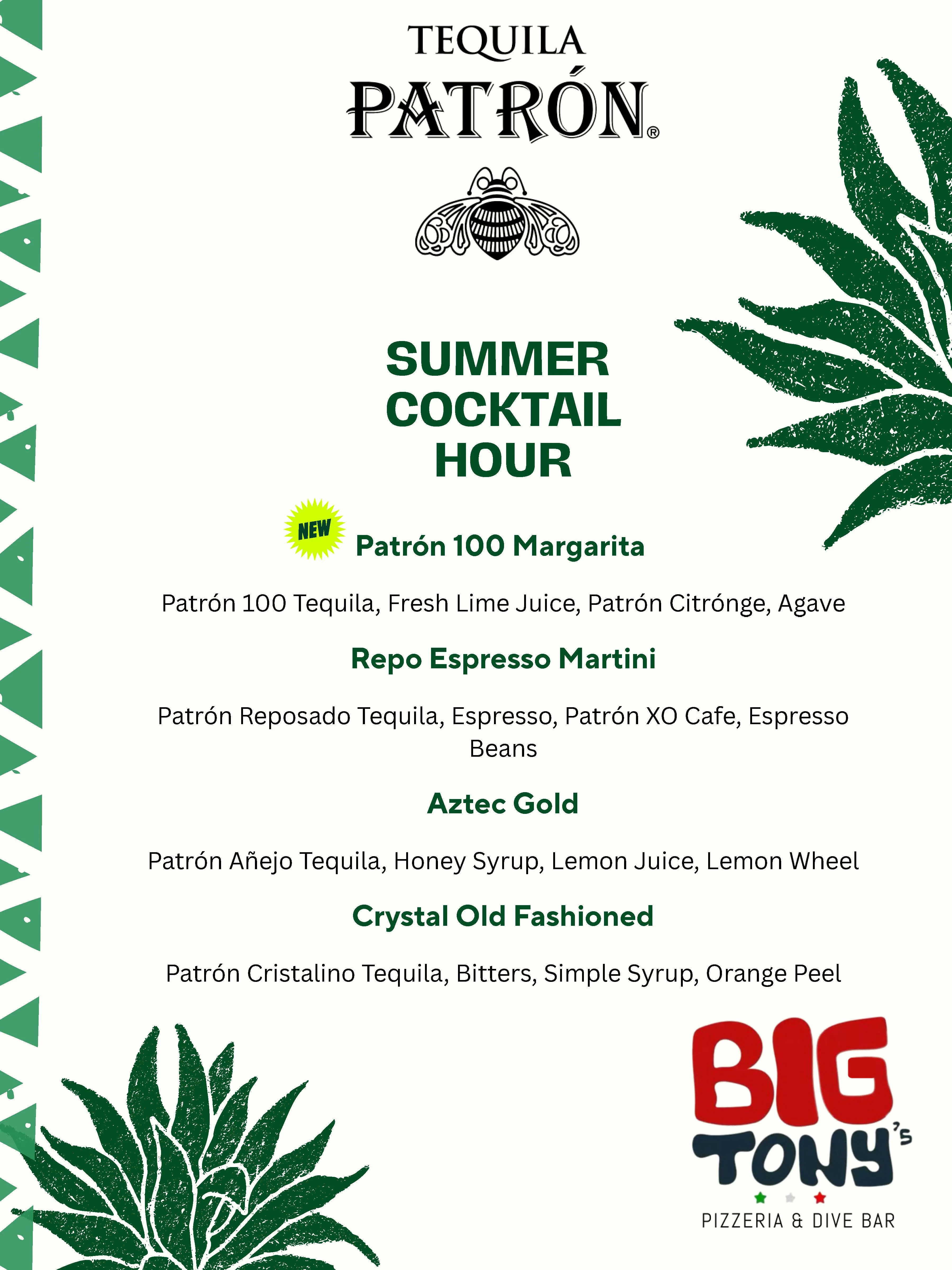 Cocktail menu featuring summer drinks at Big Tony's Pizzeria