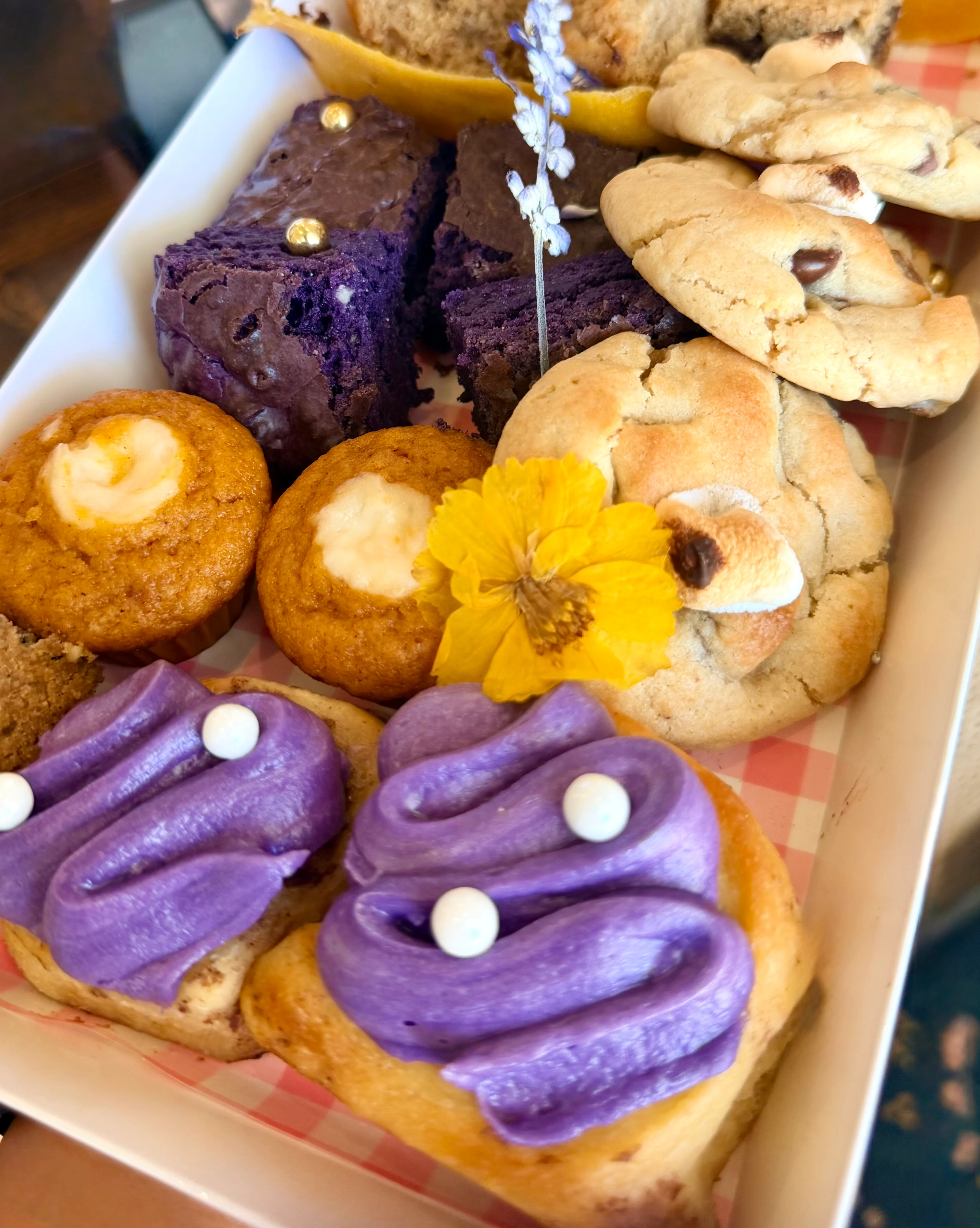 Colorful assortment of baked goods on a platter