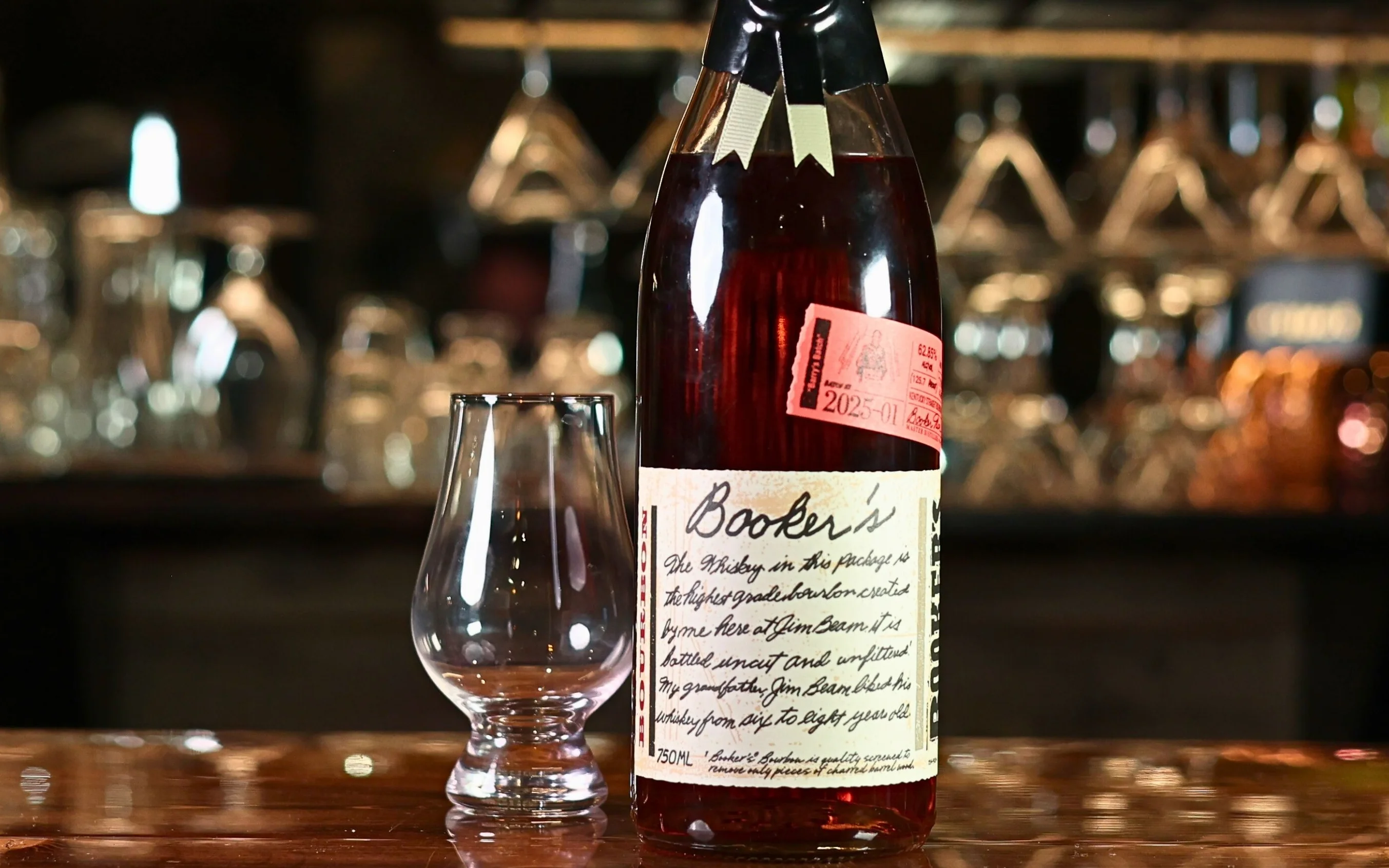 Bottle of Booker’s bourbon whiskey on a bar counter