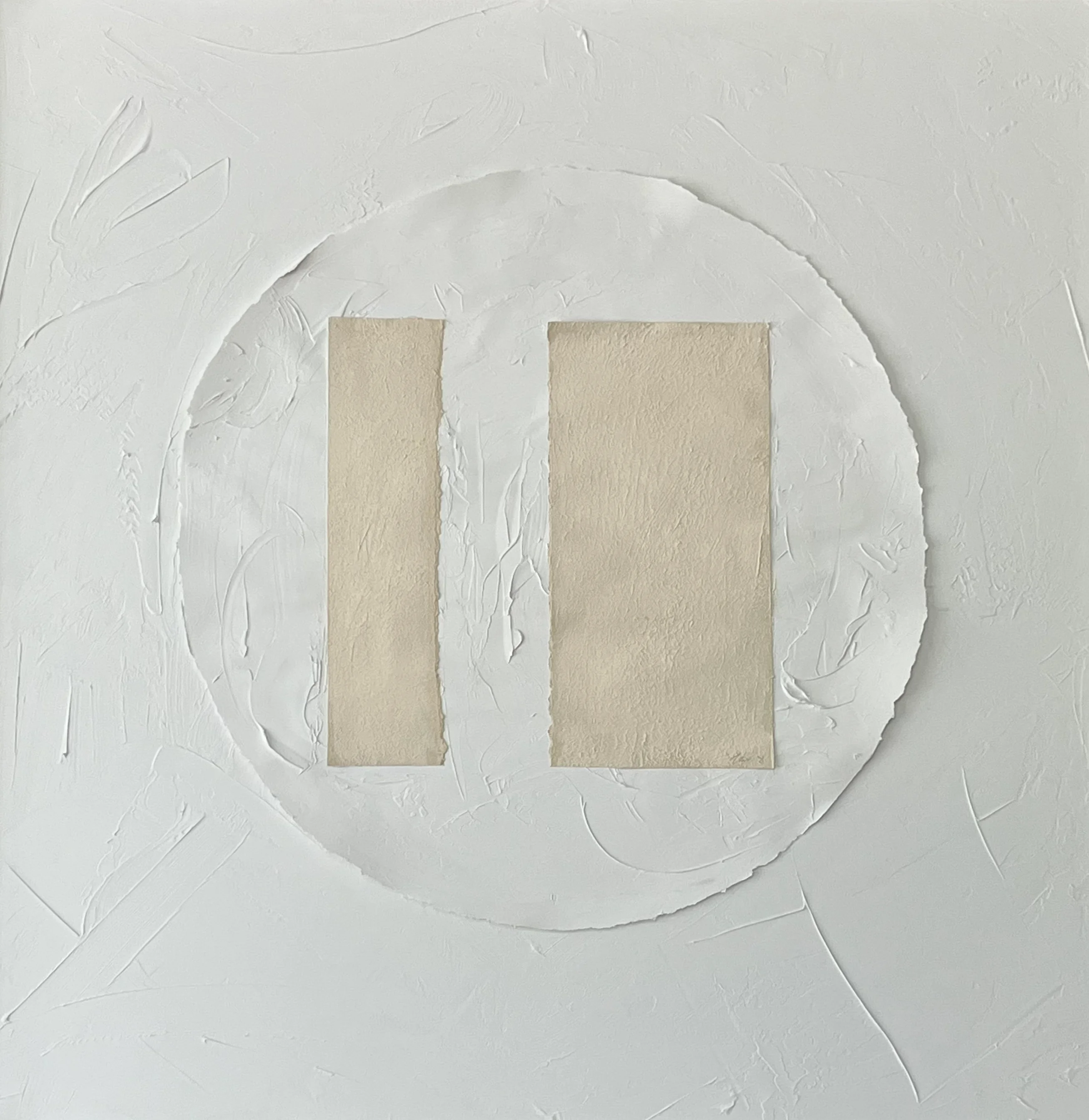 Abstract artwork featuring textured white circle and beige rectangles