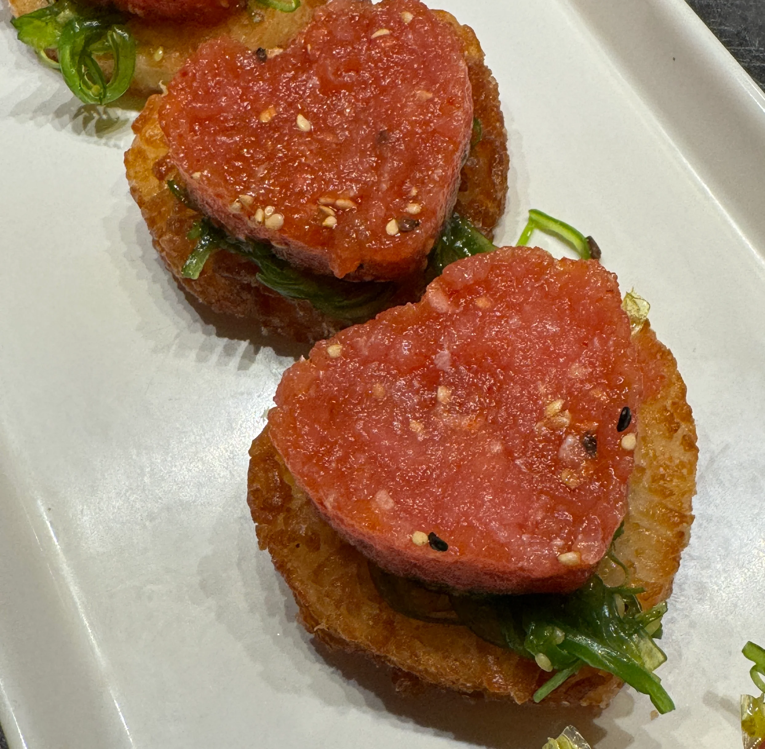 Japanese-style heart-shaped tuna tartare on crispy rice