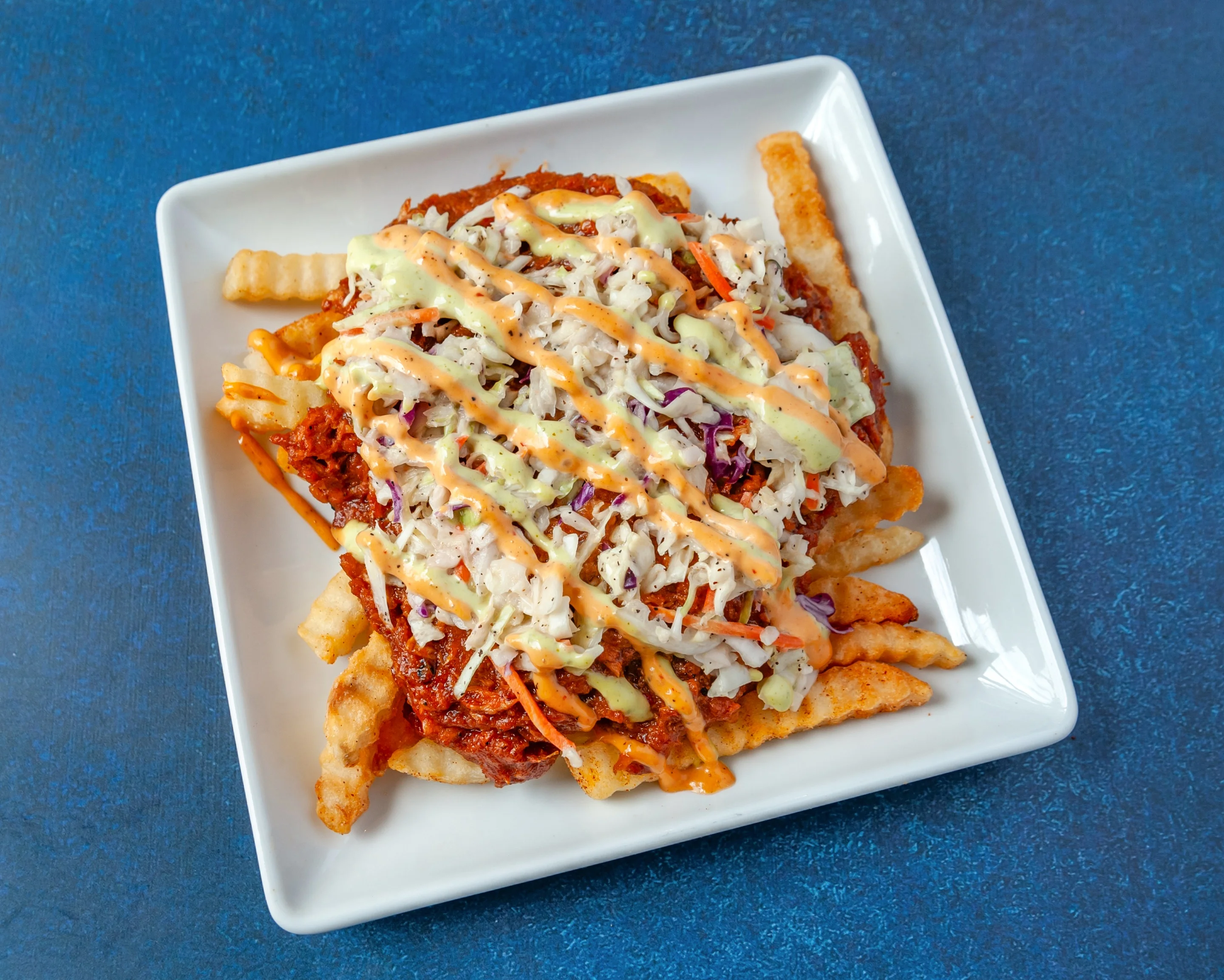 Loaded fries topped with pulled pork and coleslaw