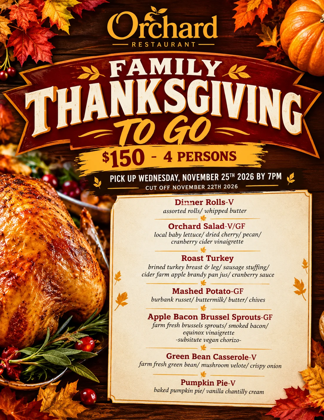 Thanksgiving dinner catering poster with roast turkey and autumn leaves