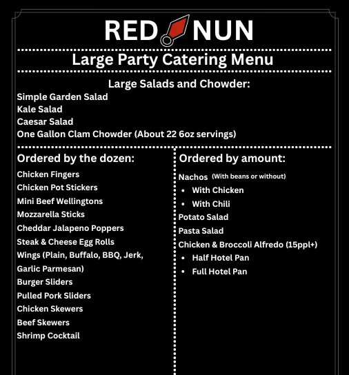 Catering menu featuring large salads and appetizers