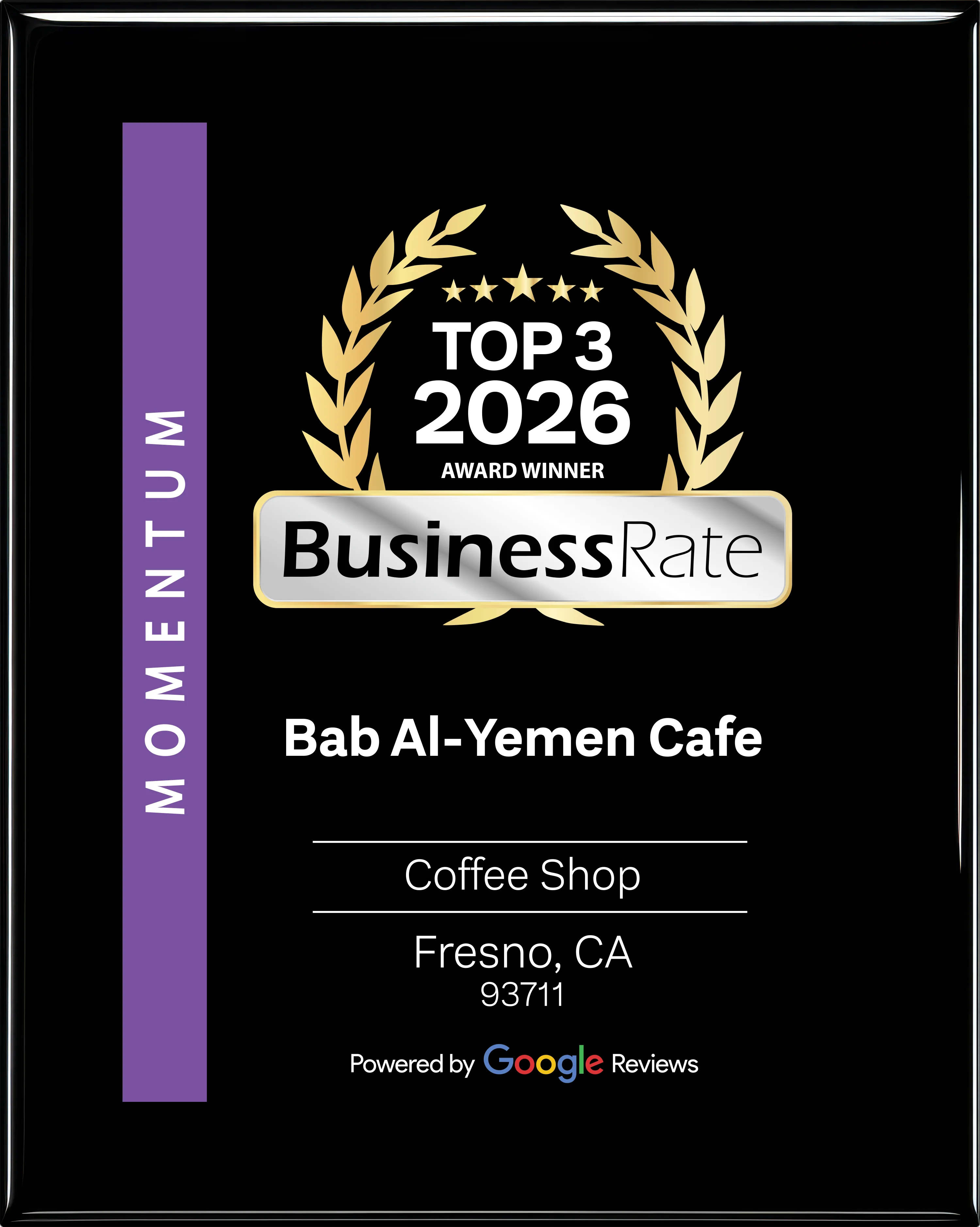 Award plaque for Bab Al-Yemen Cafe, top coffee shop in Fresno, CA