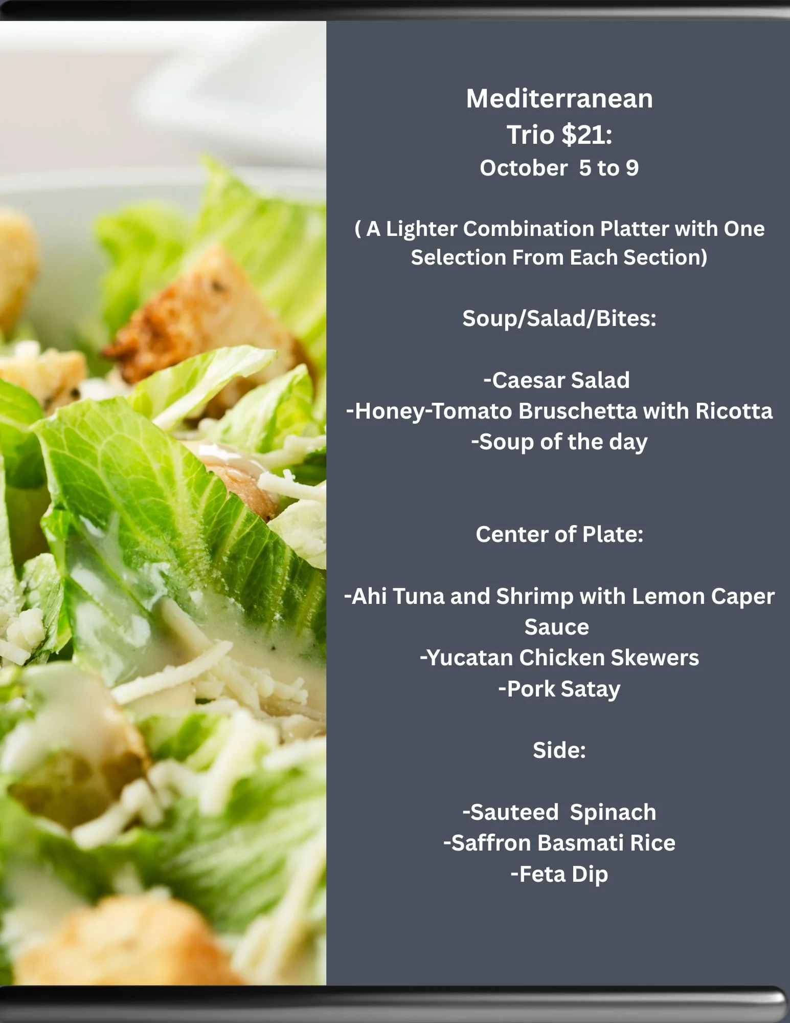 Mediterranean restaurant menu graphic featuring a combination platter and food photography
