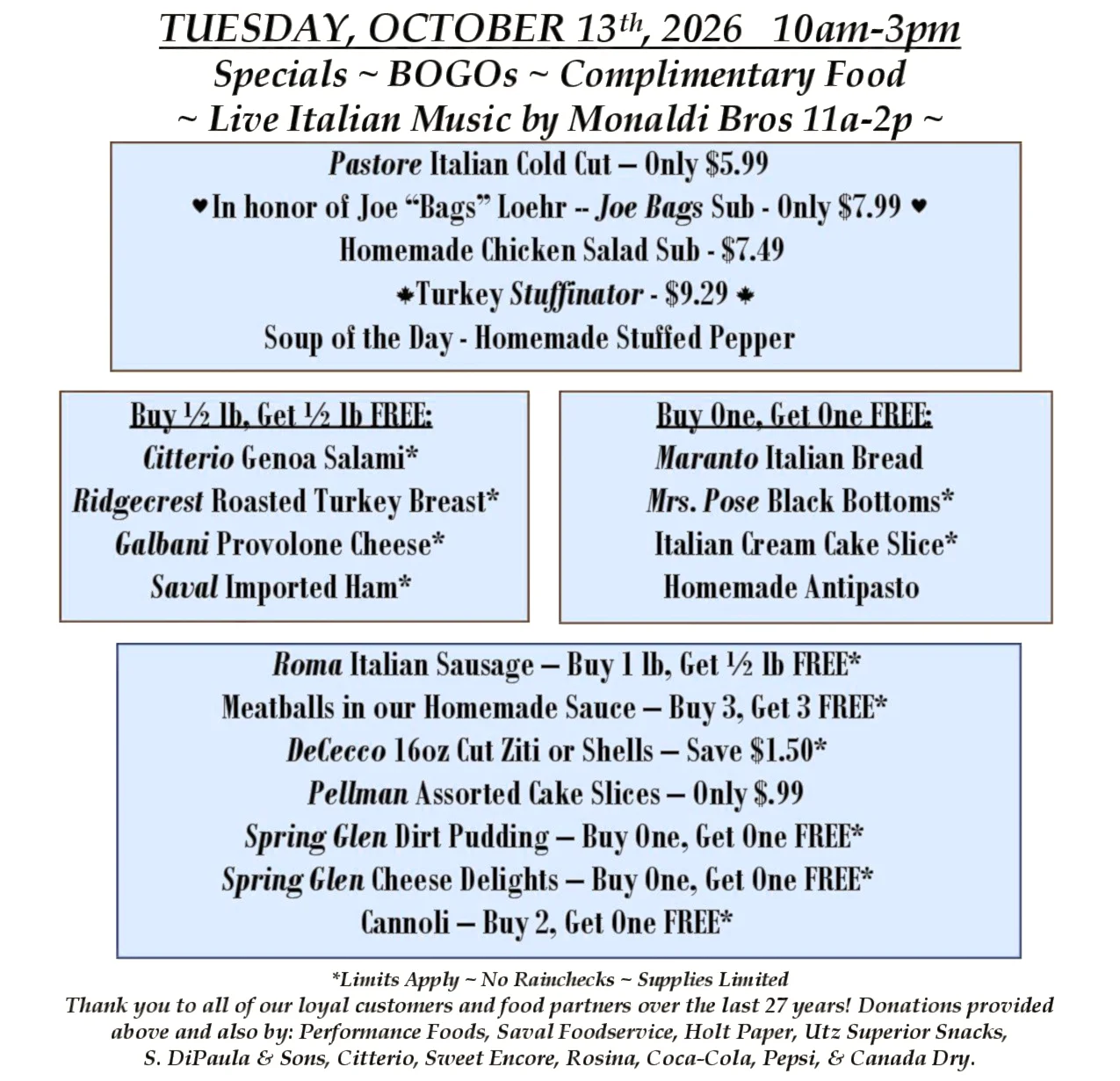 Italian deli specials flyer with typography and promotional menu text