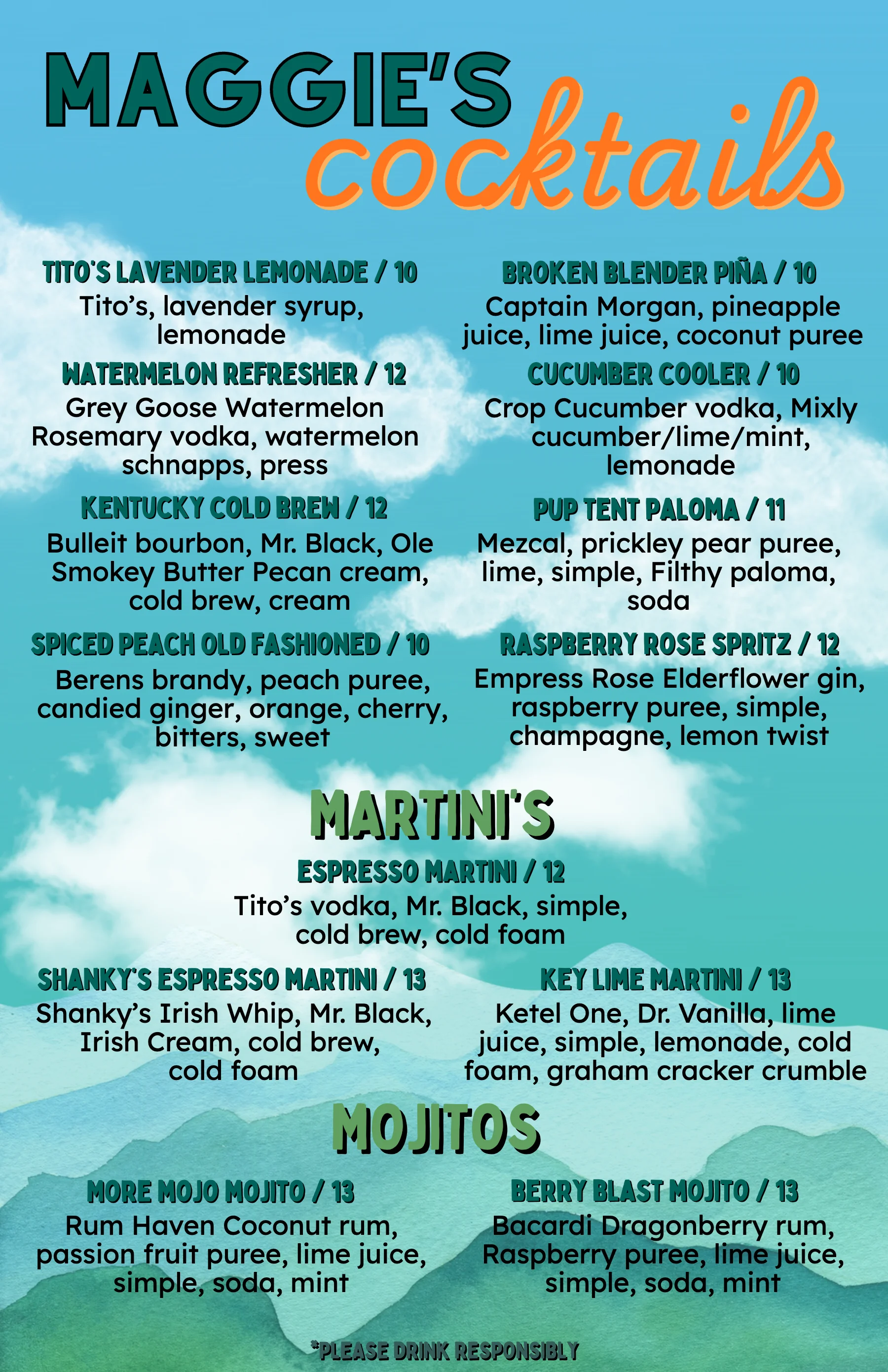 Cocktail menu featuring a variety of drinks and descriptions.