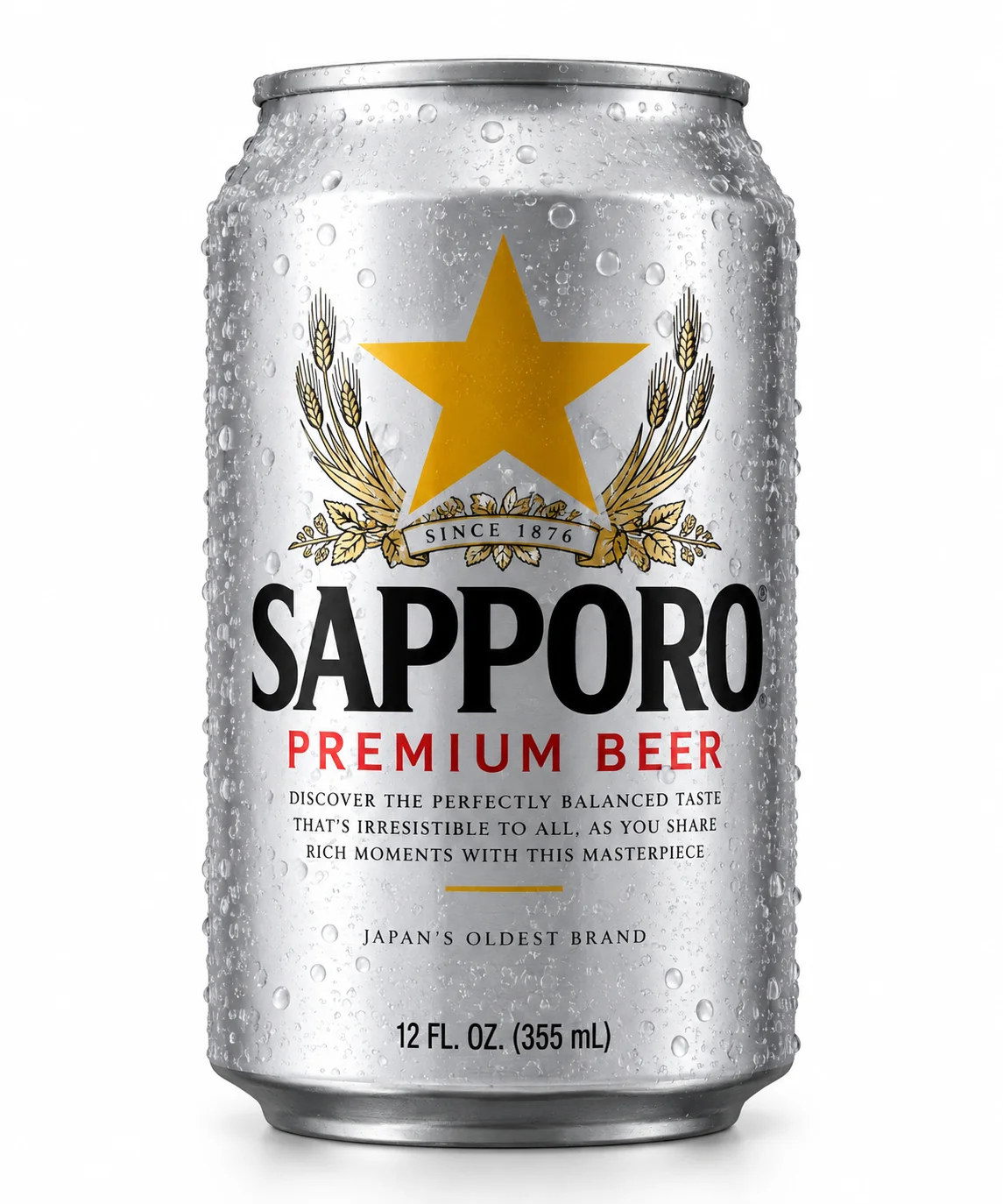Chilled can of Sapporo Premium Beer with condensation