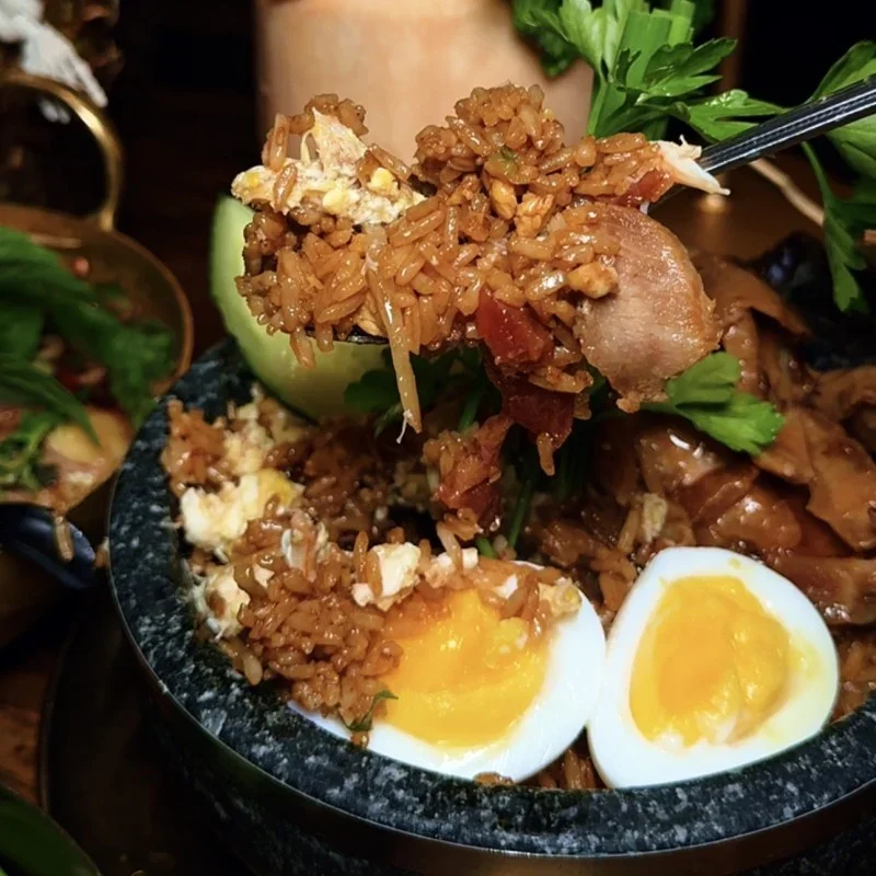 Malaysian Nasi Goreng with chicken and soft-boiled eggs