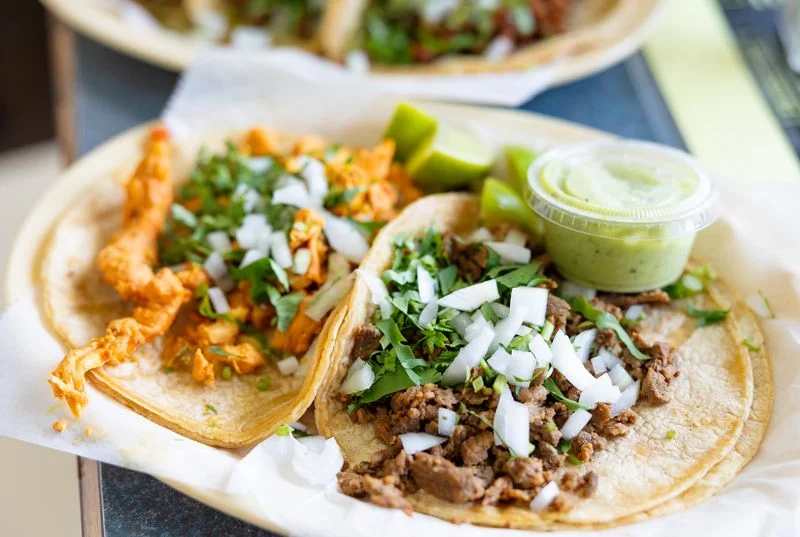 Delicious Mexican street tacos with beef and chicken