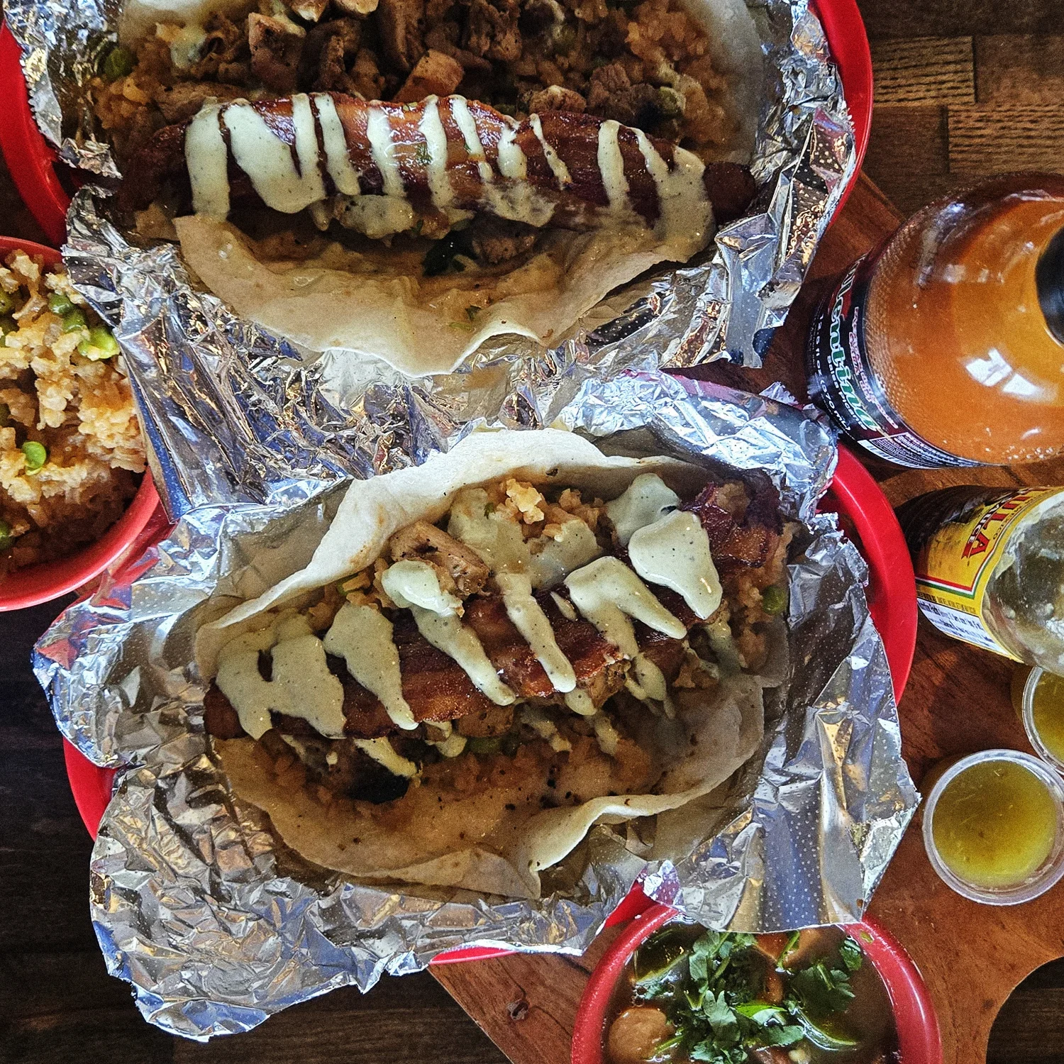 Delicious Mexican tacos with grilled chicken and spicy sauce