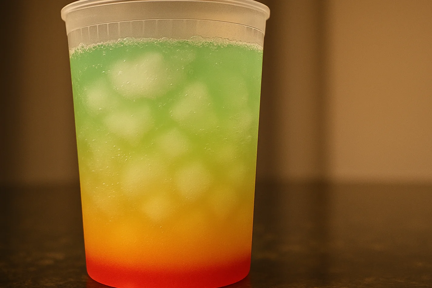 Colorful layered drink in a clear cup
