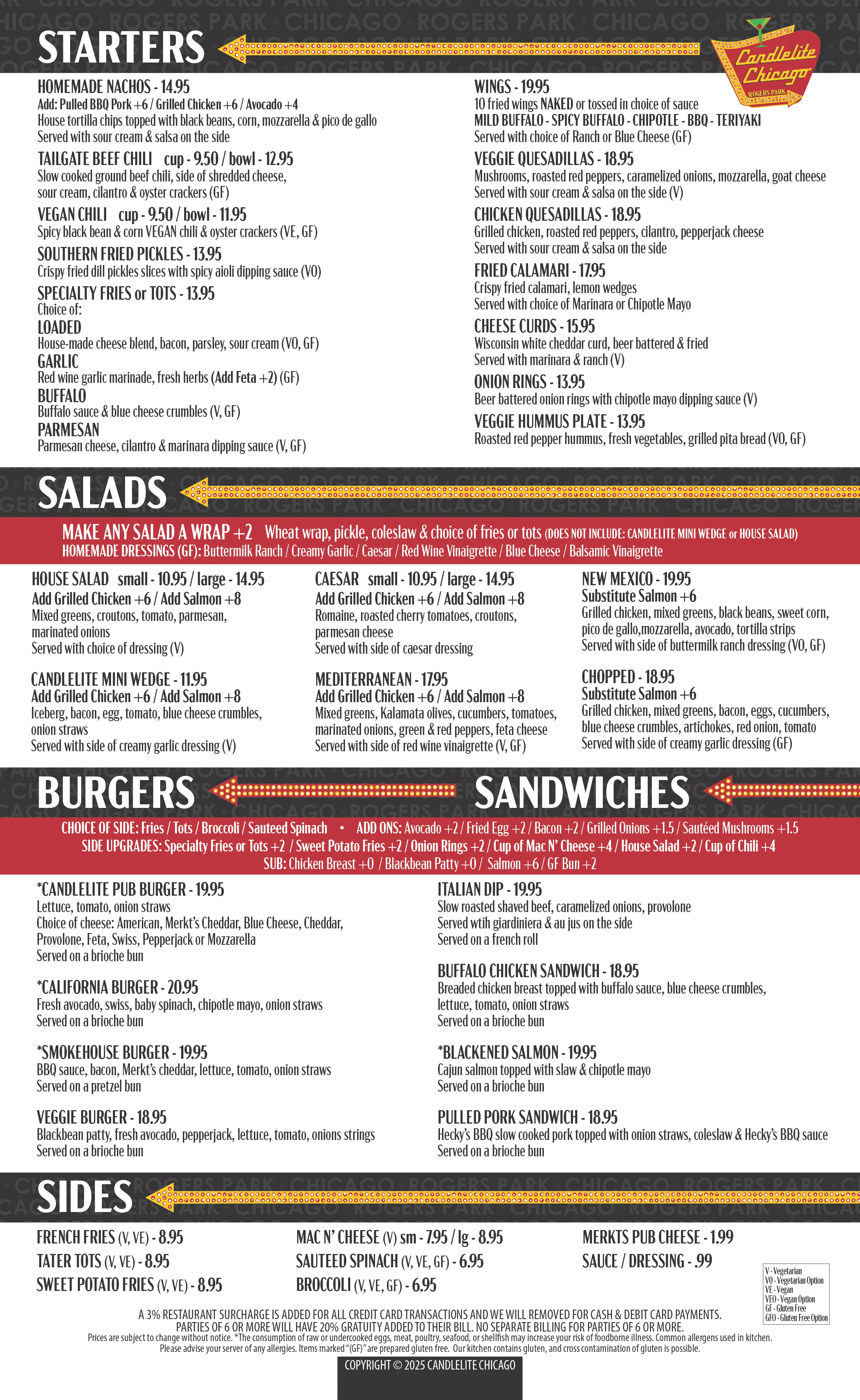 Menu featuring diverse American comfort food options