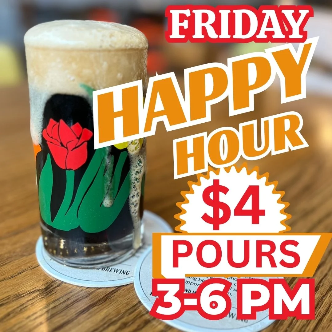 Promotional graphic featuring a foamy beer and Friday happy hour offer