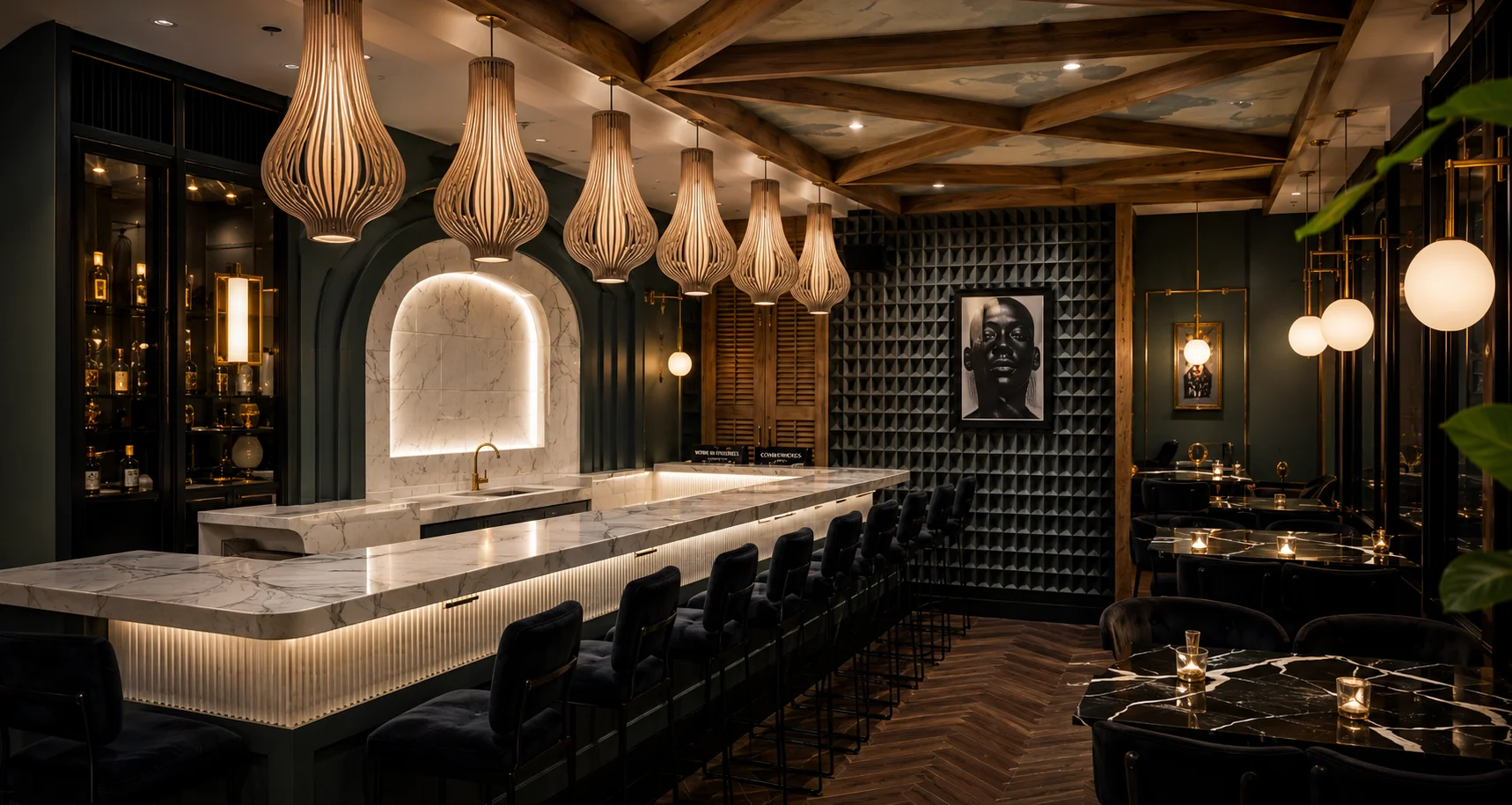 An upscale dining area with a sleek bar, artistic lighting, and sophisticated seating arrangements.