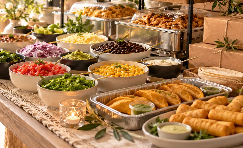 Vibrant taco bar setup with fresh toppings and sides