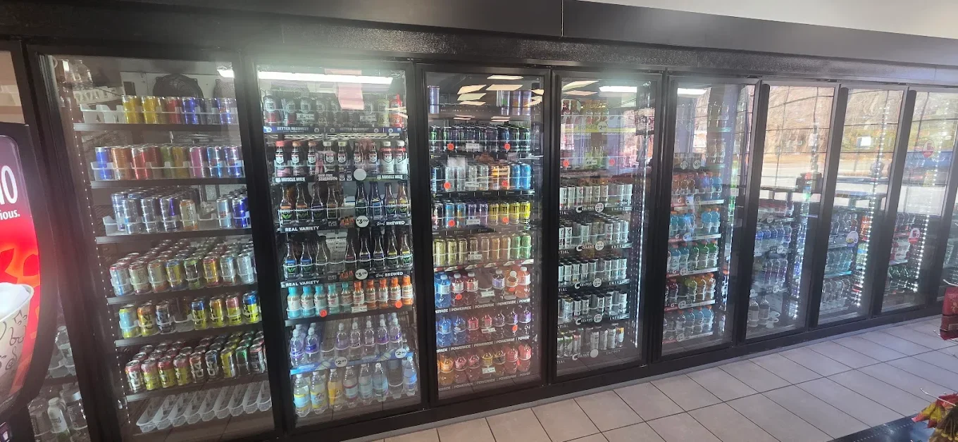 Refrigerated display of assorted beverages in a convenience store