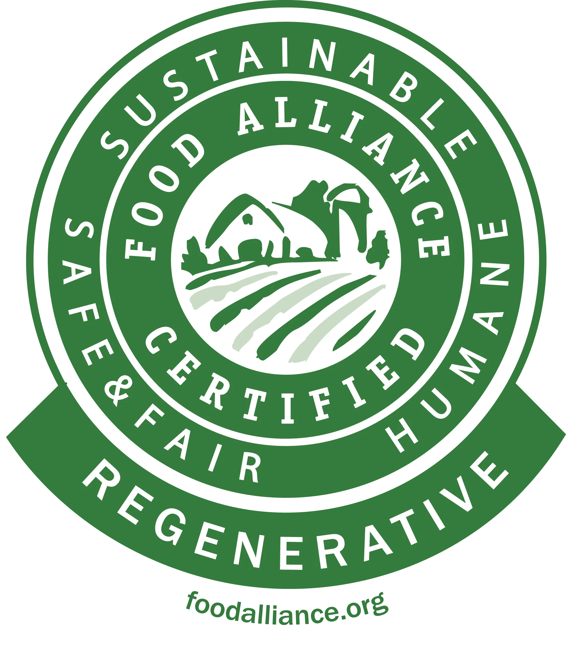 A circular logo featuring a design of a farm, promoting sustainability and fair practices.