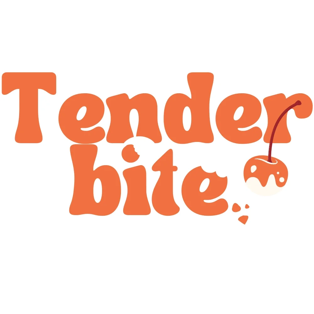 Tender Bite restaurant logo with orange typography and cherry graphic