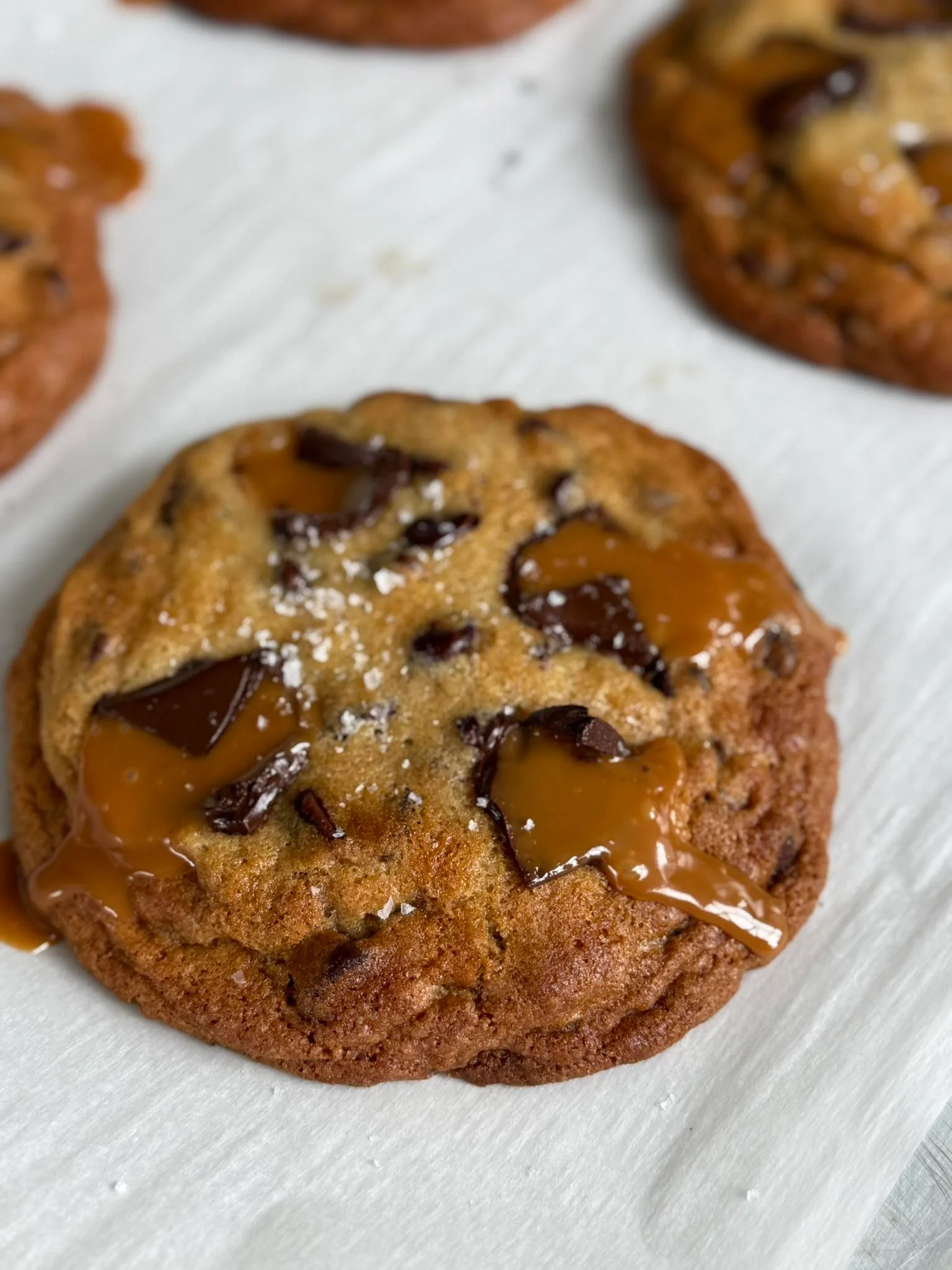 Decadent chocolate caramel cookie with sea salt