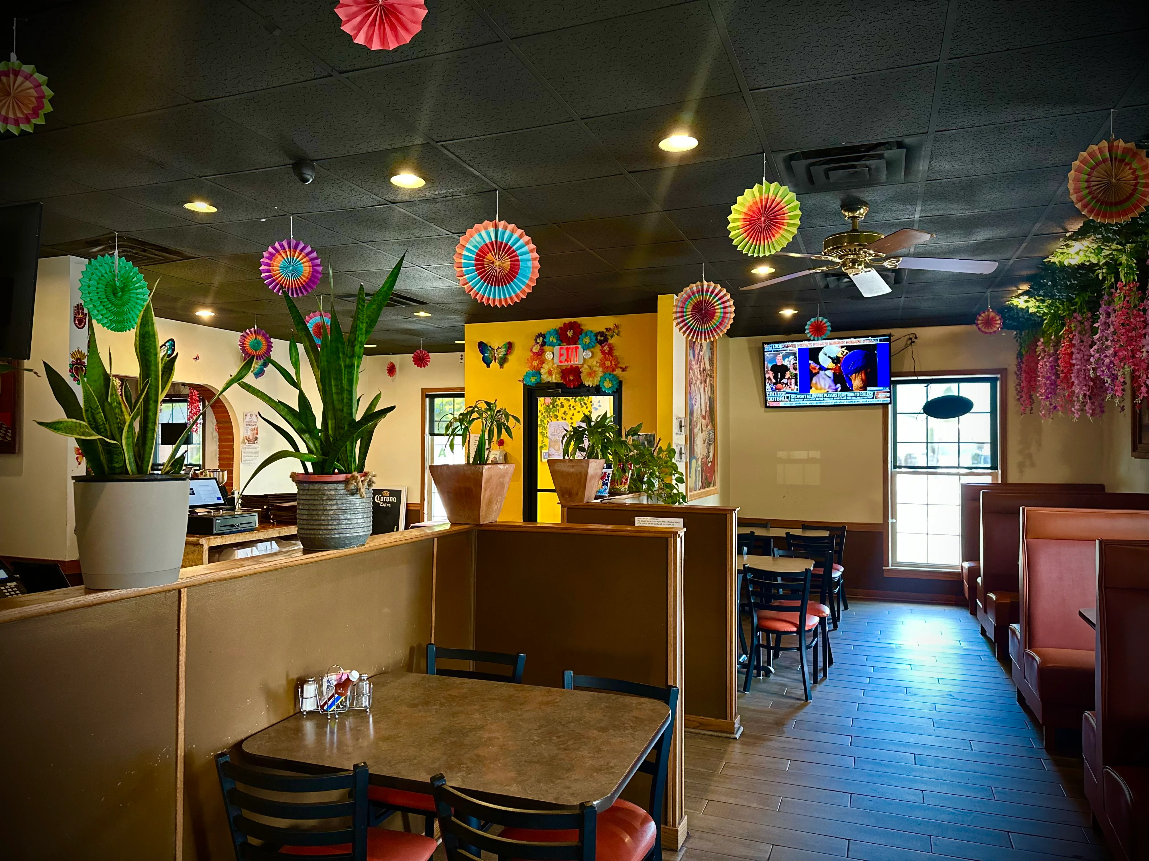 Cozy restaurant interior with warm colors and seating