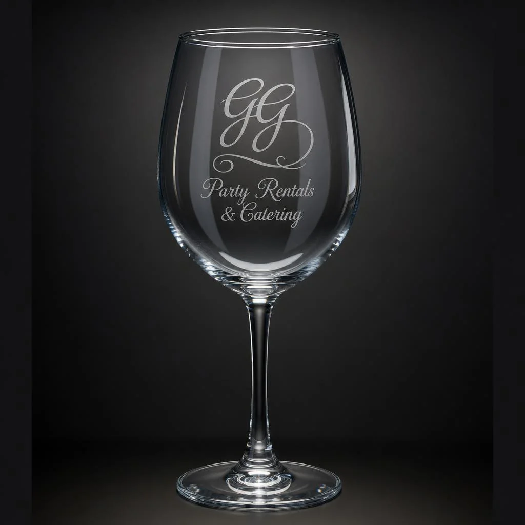 Engraved wine glass for party rentals and catering services