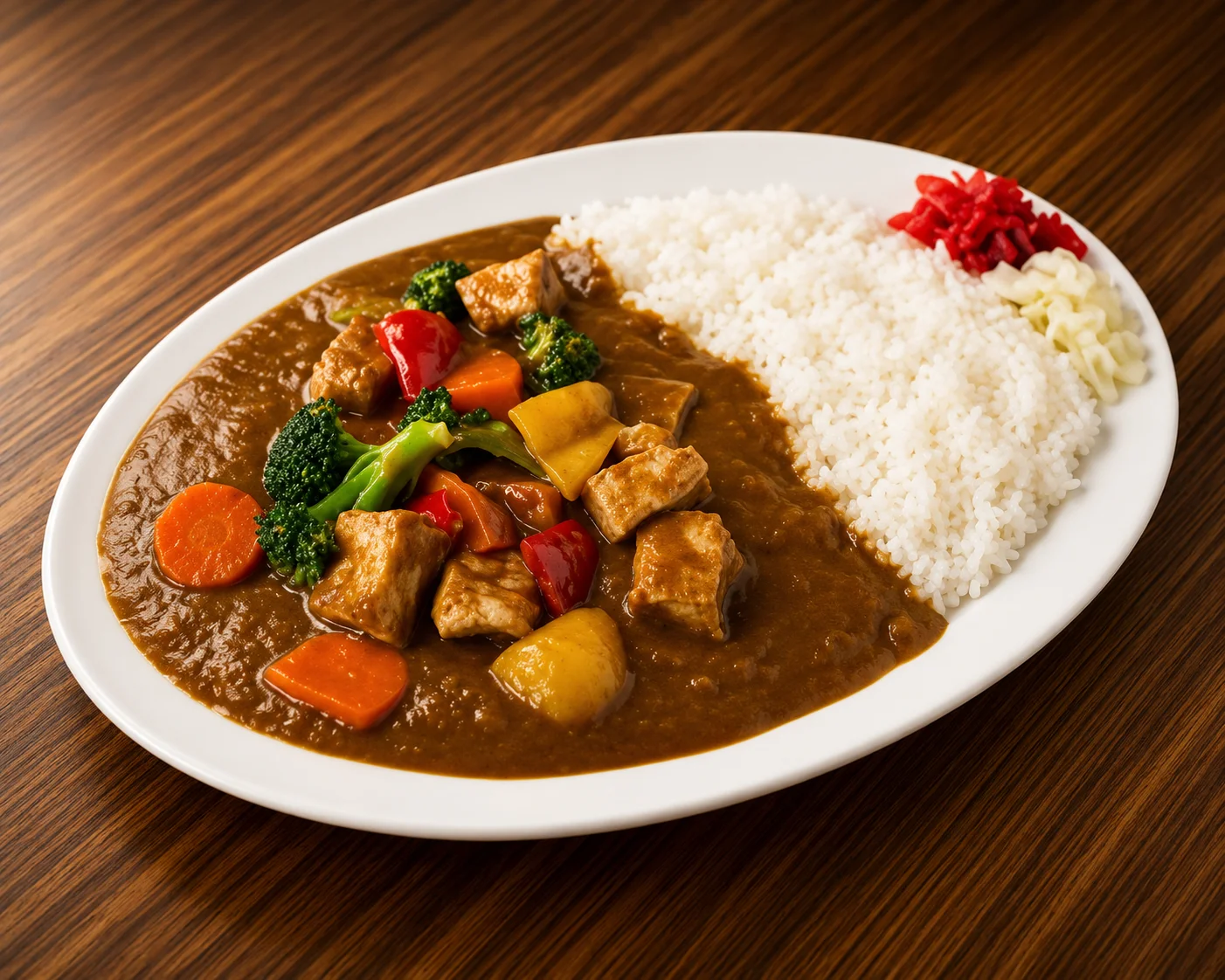 A white oval plate of Japanese vegetable curry featuring tofu, broccoli, carrots, potatoes, and bell peppers in rich curry sauce, served with white rice, pickled ginger, and pickled cabbage.