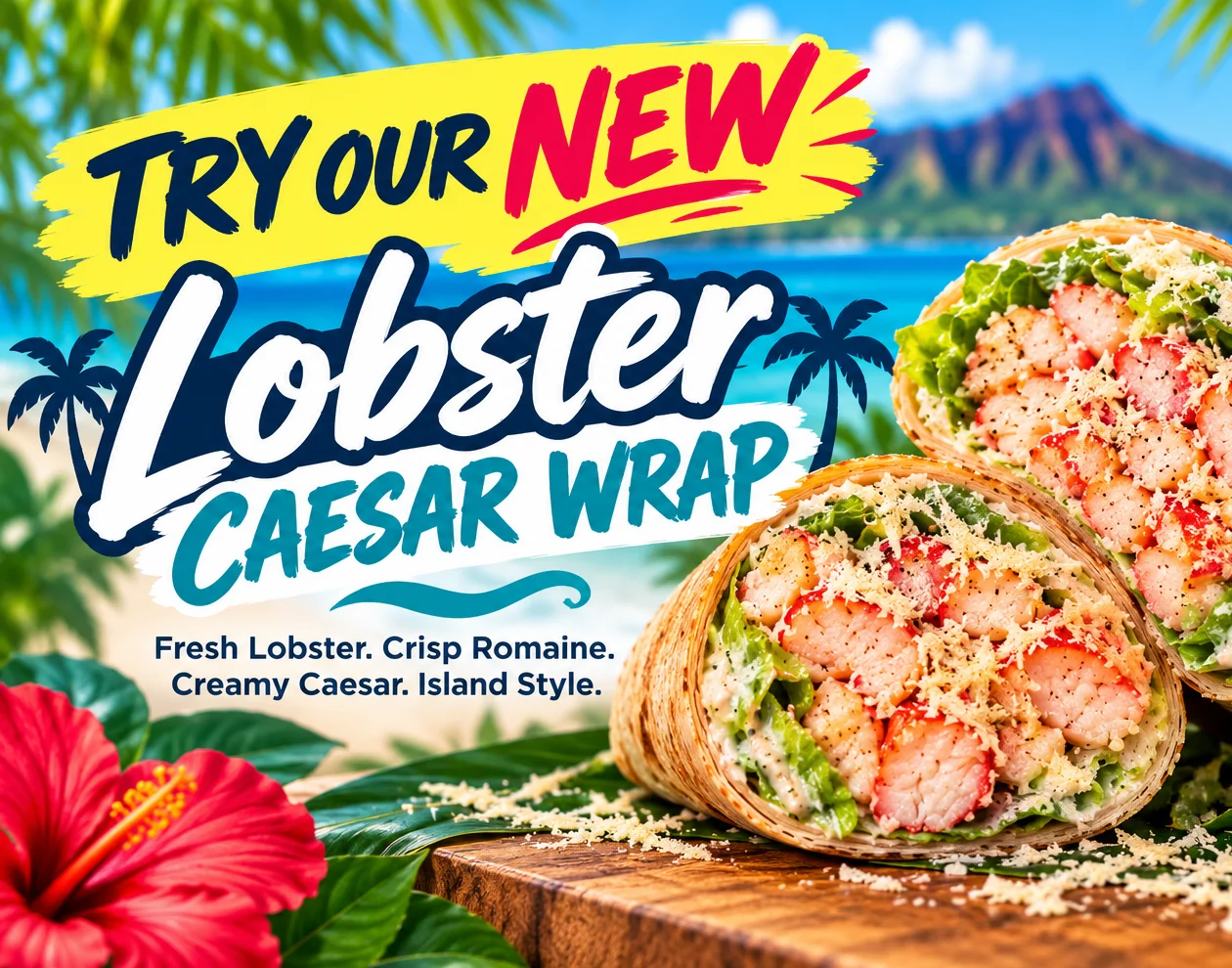 Lobster Caesar wrap promotional food image with tropical island backdrop