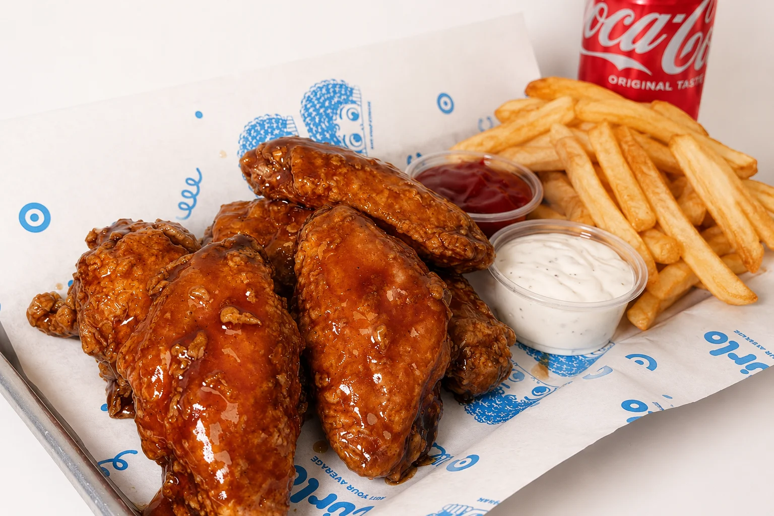 Crispy buffalo chicken wings with fries and dipping sauces