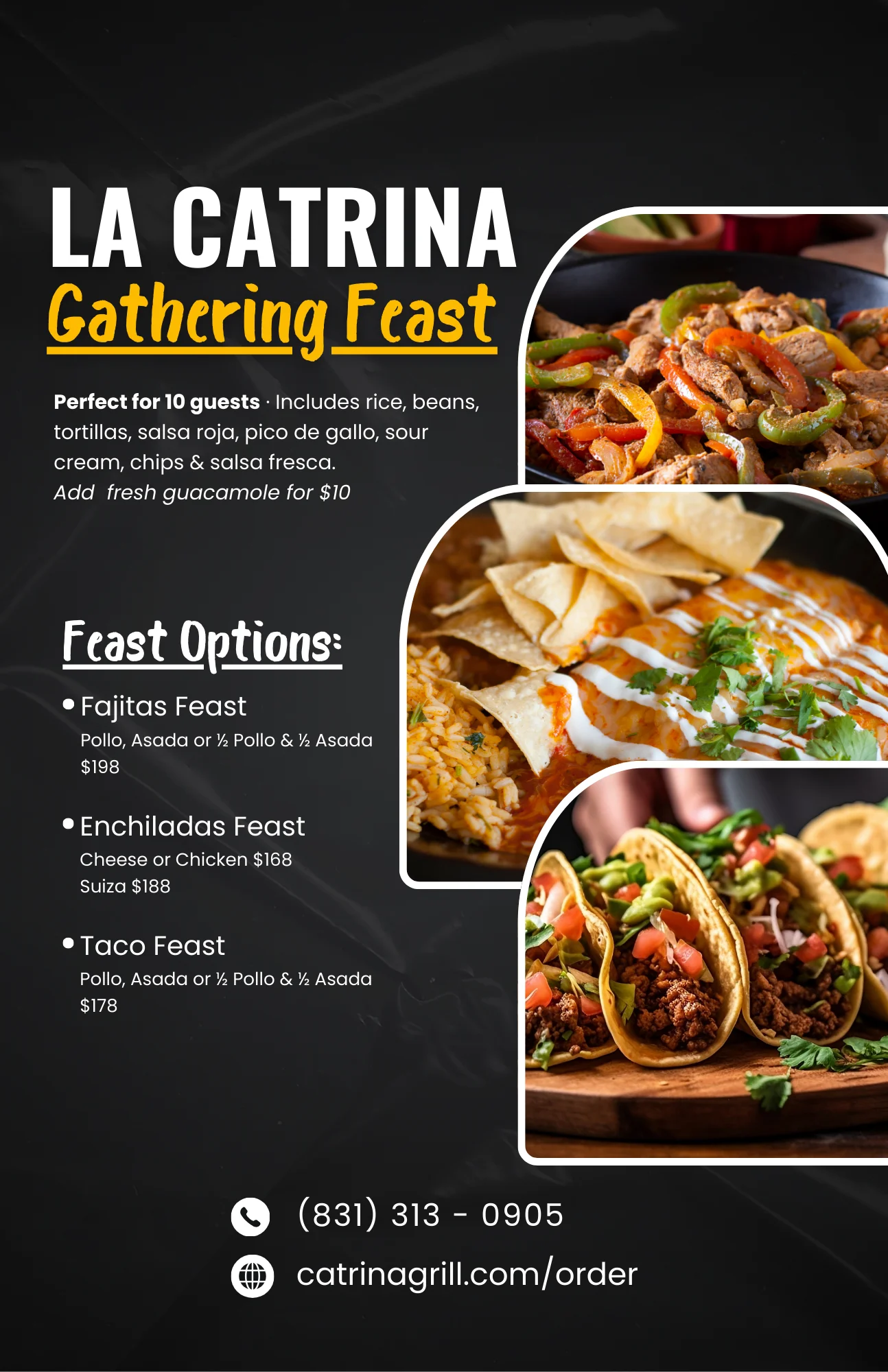 Gathering feast of Mexican fajitas, enchiladas, and tacos