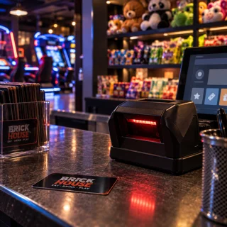 Modern bar counter with gaming machines and colorful plush toys in the background