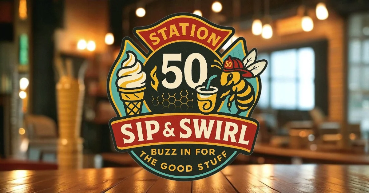 A colorful logo for a beverage shop featuring ice cream, a bee, and the name 'SIP & SWIRL'.