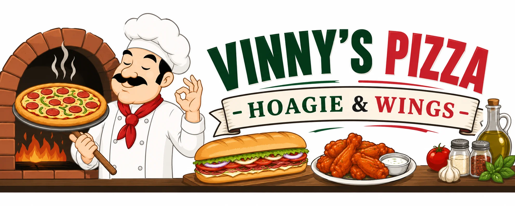Vinny's Pizza with hoagies and wings in a cozy pizzeria setting