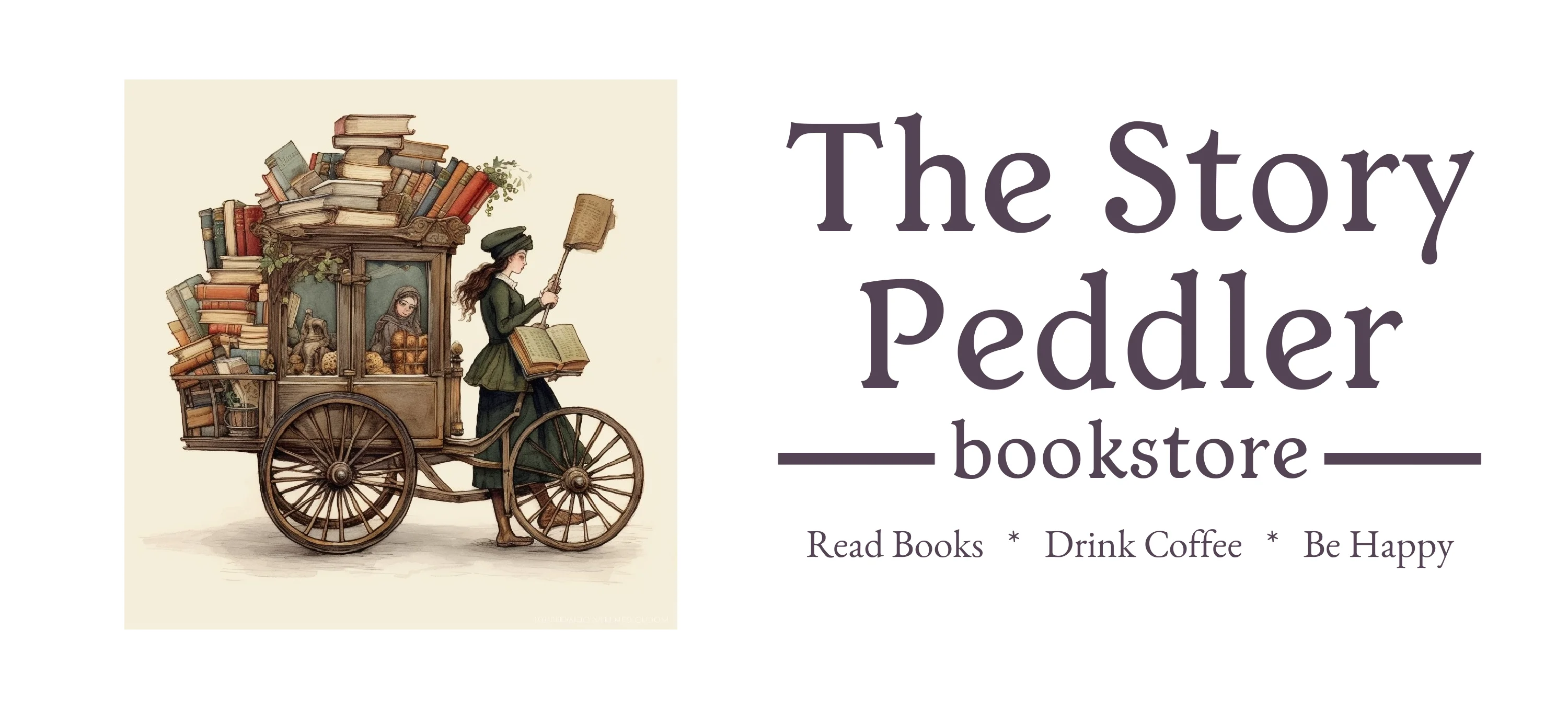 An artistic illustration of a book cart filled with books and a woman holding an open book. The design promotes a bookstore with a joyful message.