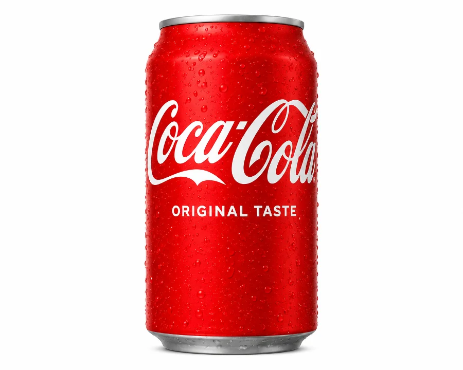 A can of a carbonated beverage with a vibrant red design and condensation on the surface.