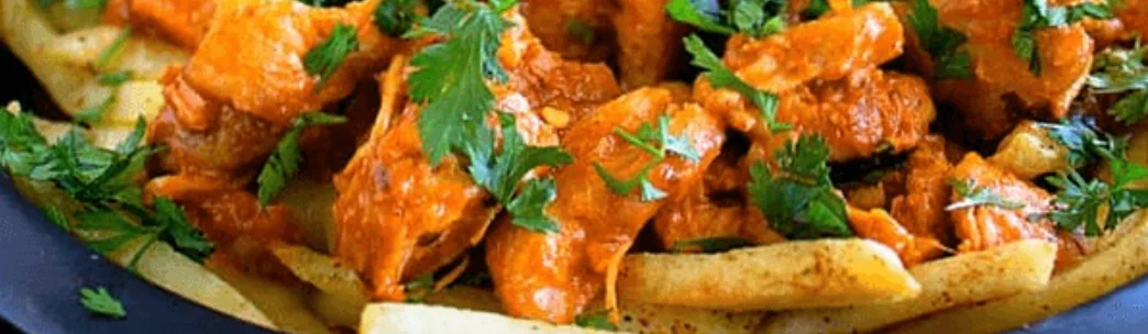 A plate of fries topped with spicy chicken in a rich sauce and garnished with fresh cilantro.