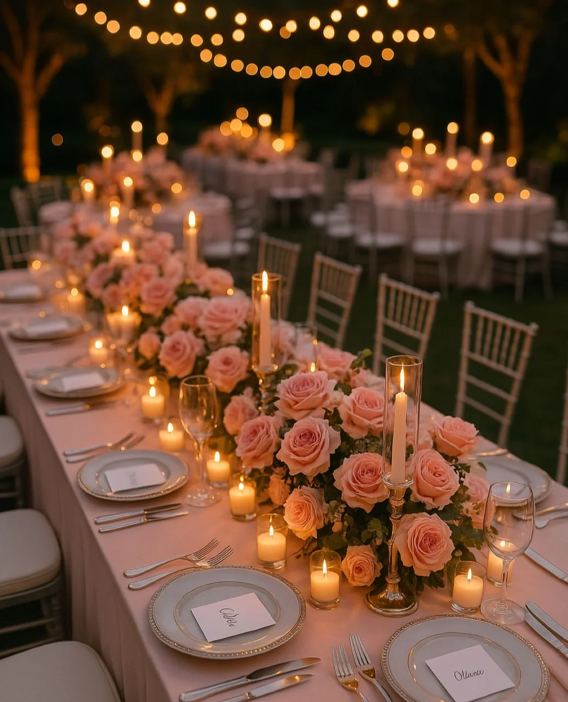 A beautifully arranged dinner table with pink roses, candles, and decorative plates, illuminated by soft lighting.