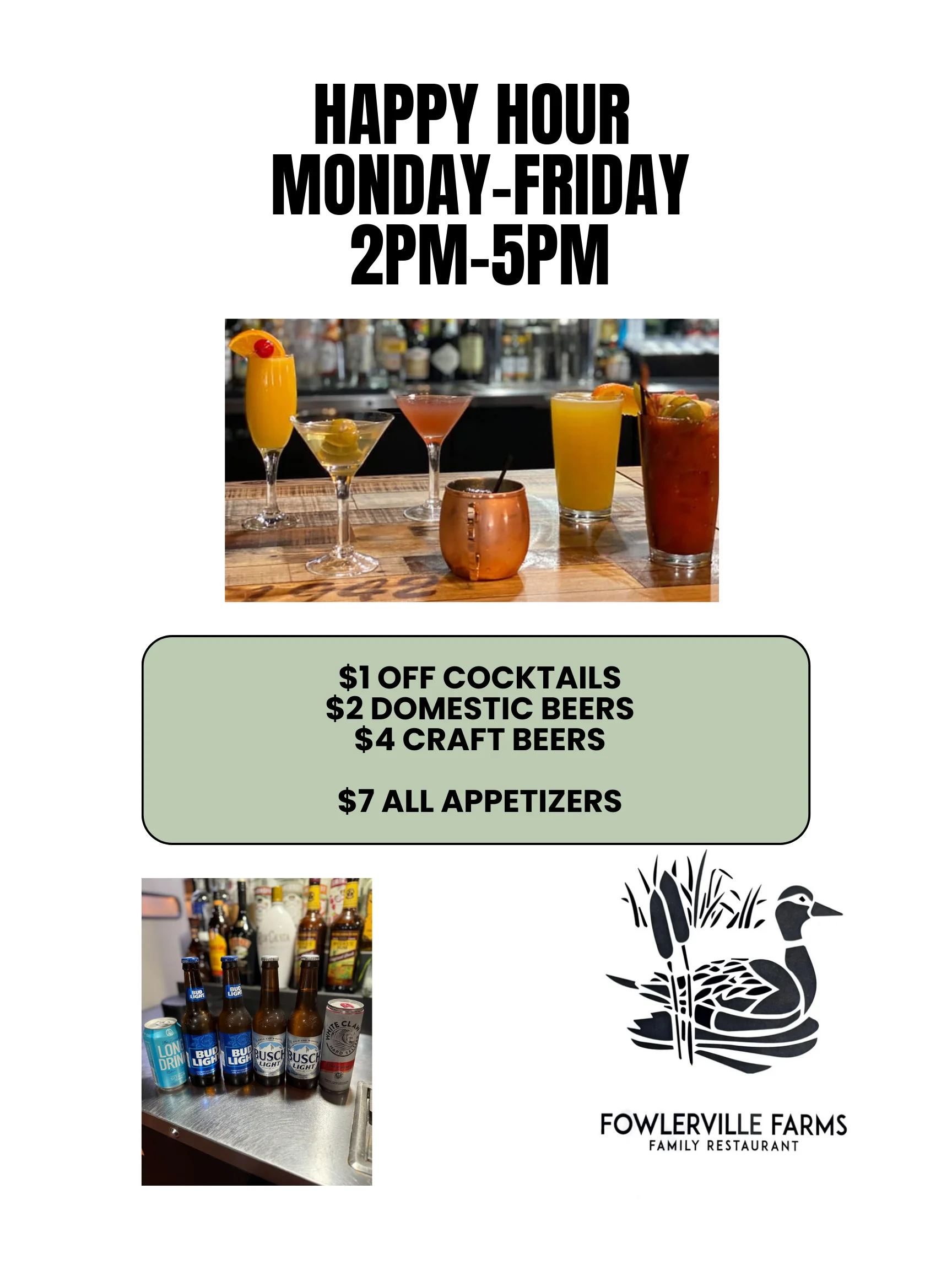 Happy hour drinks and appetizers at Fowlerville Farms restaurant