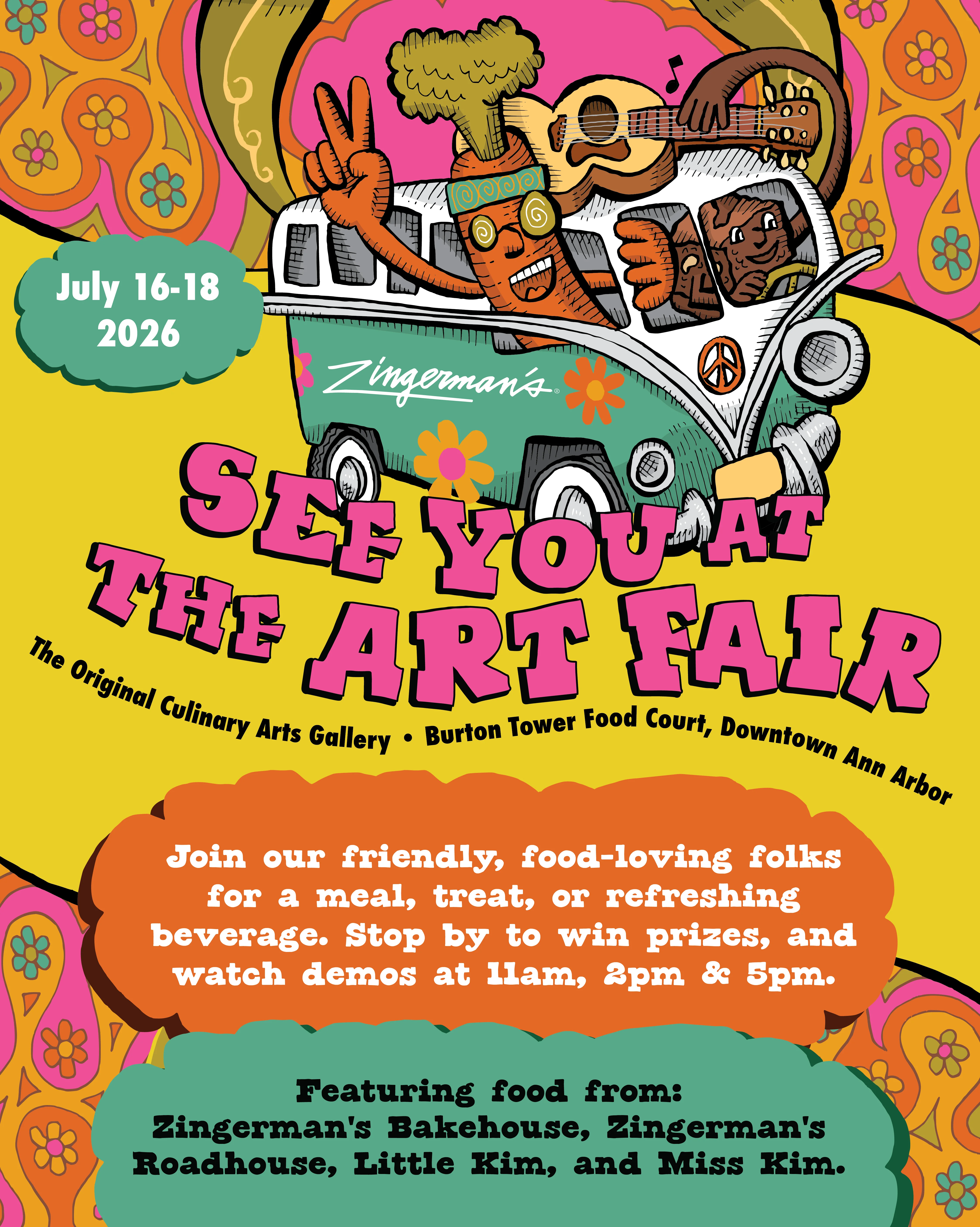 Colorful art fair poster featuring food and fun activities