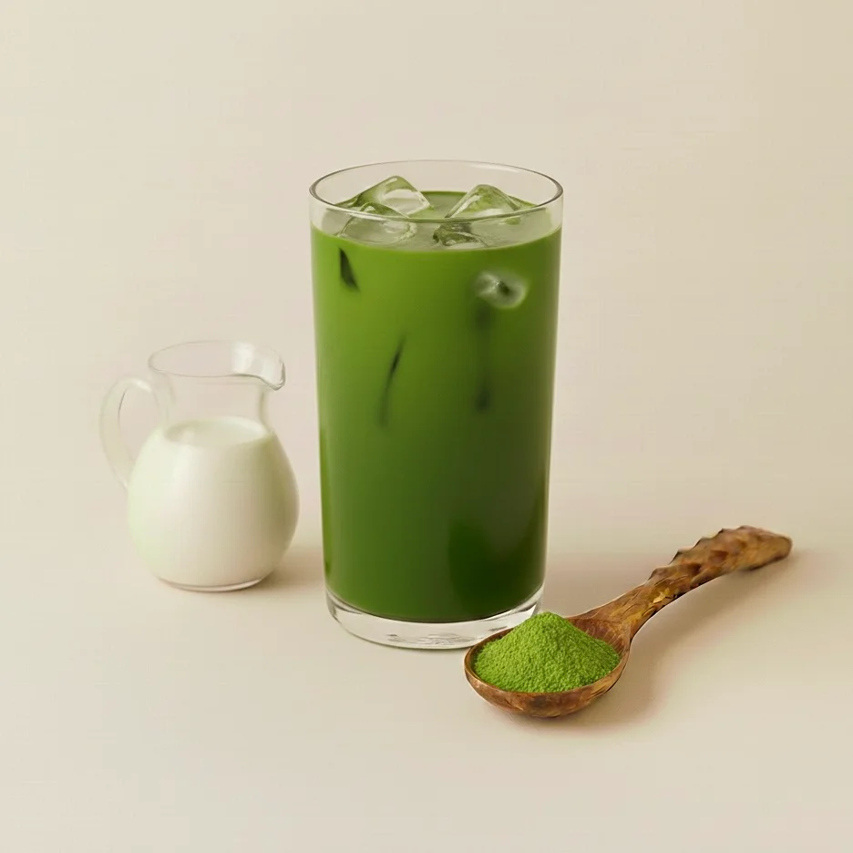 Iced matcha latte with milk and ice