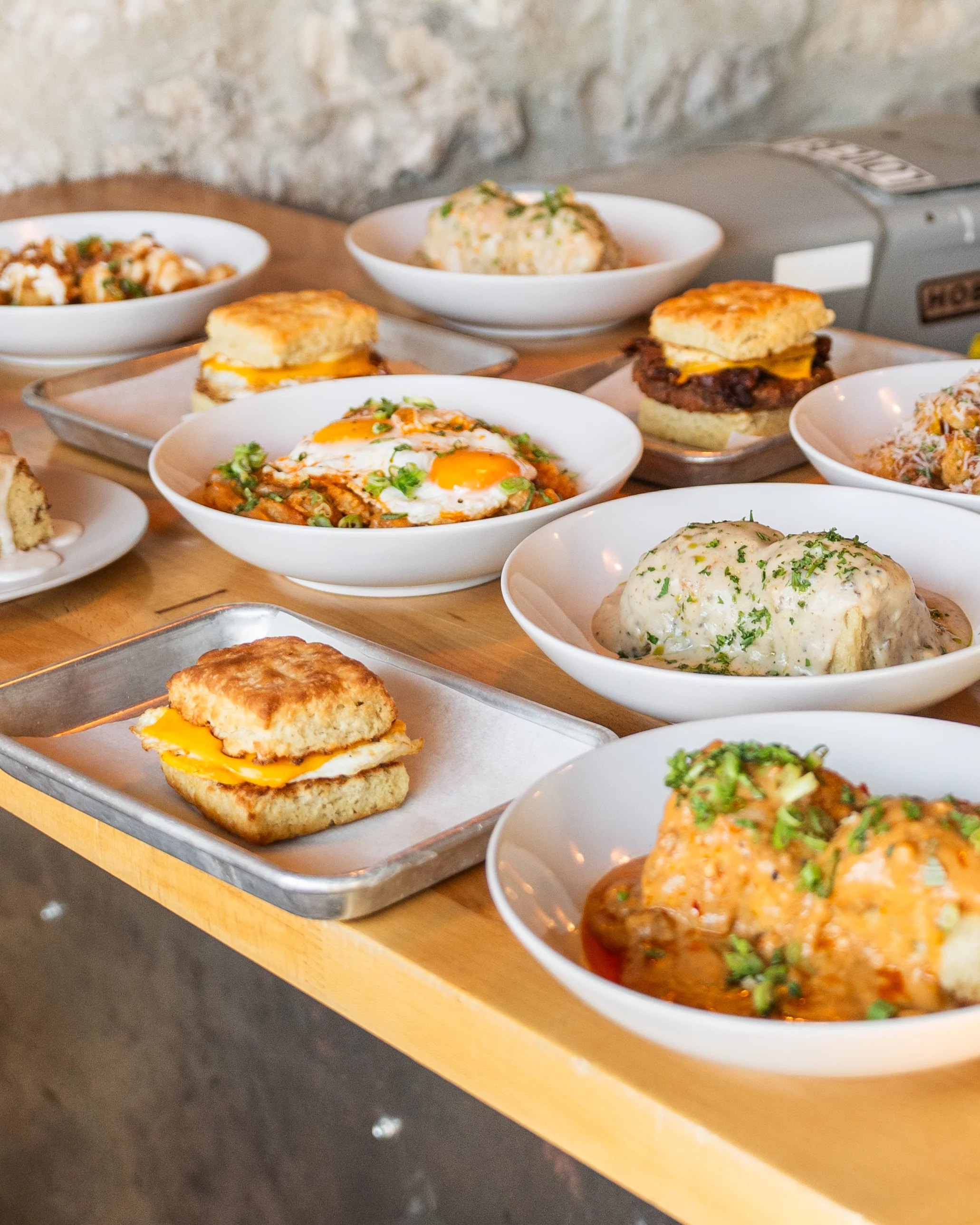 Southern-style brunch spread with biscuits and gravy