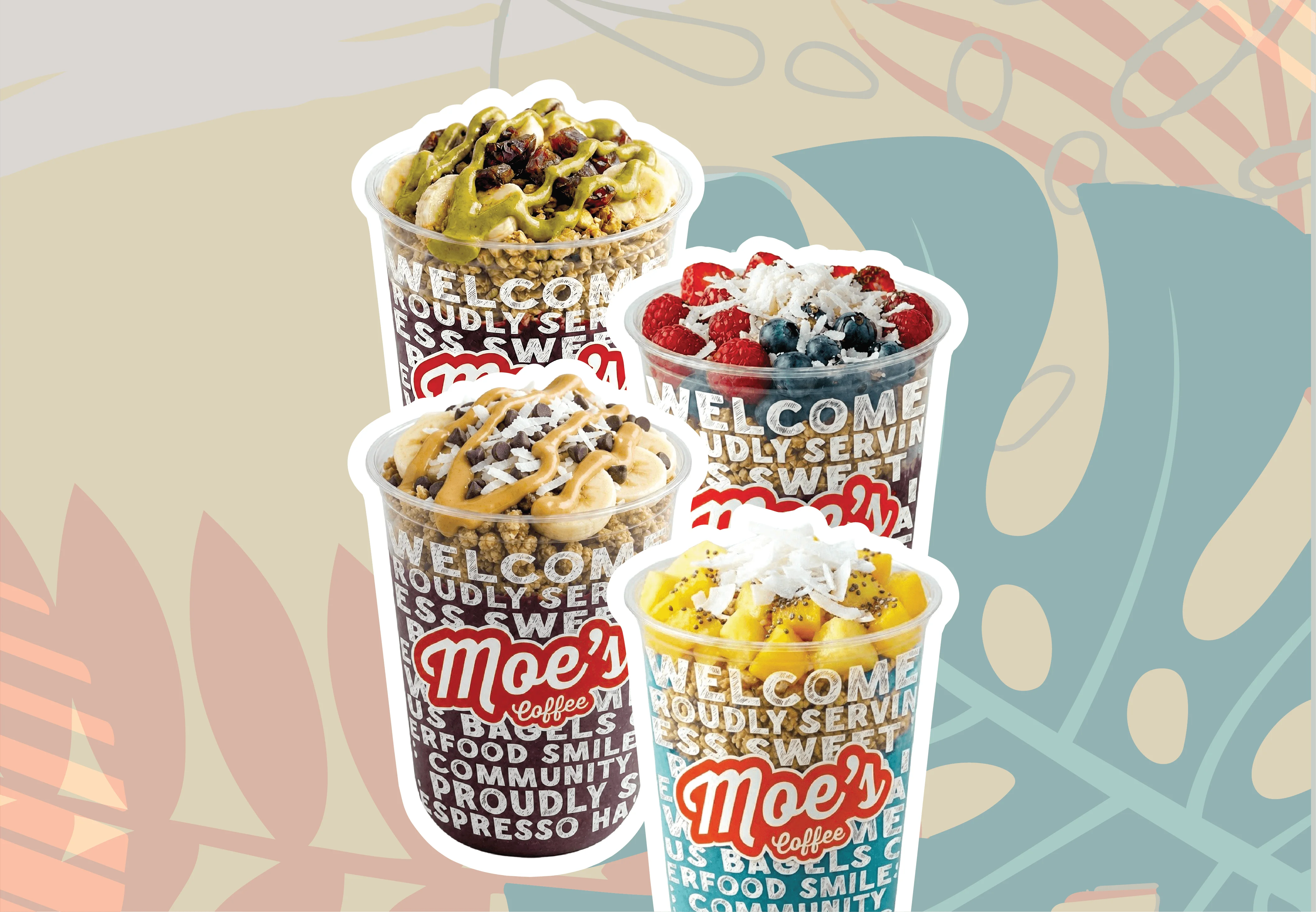 Colorful iced coffee drinks from Moe's Coffee