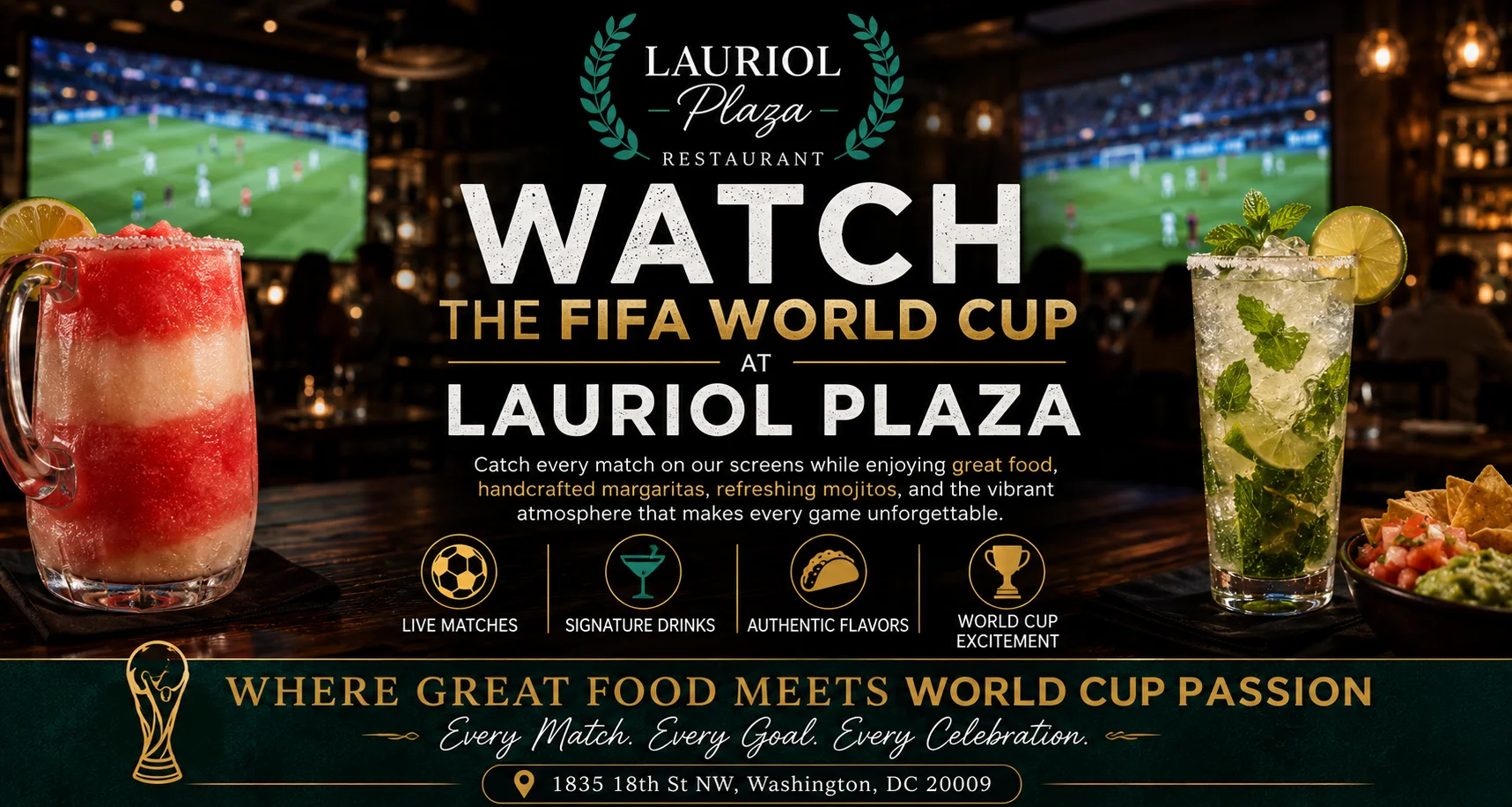 Vibrant restaurant scene for FIFA World Cup with cocktails and food